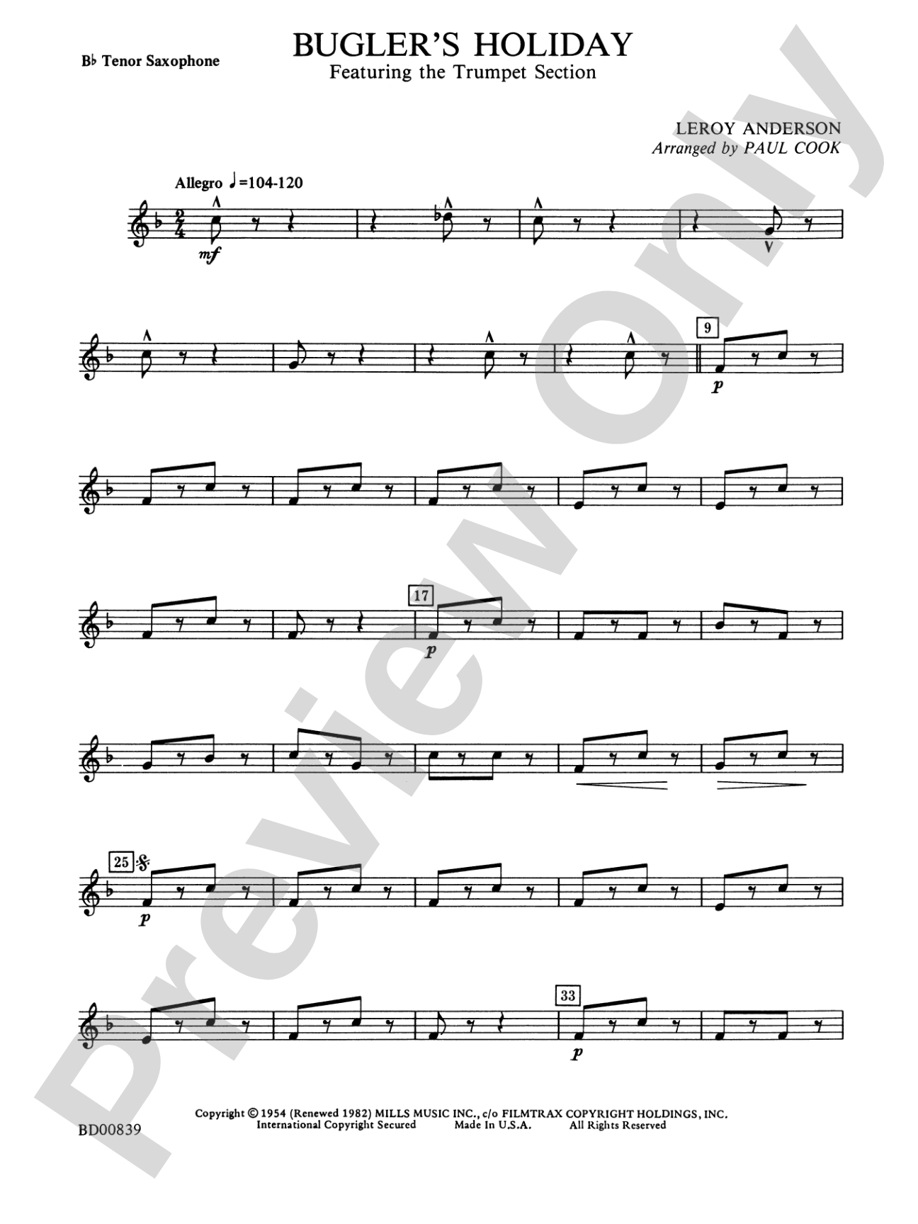 Bugler's Holiday (featuring the Trumpet Section): B-flat Tenor Saxophone
