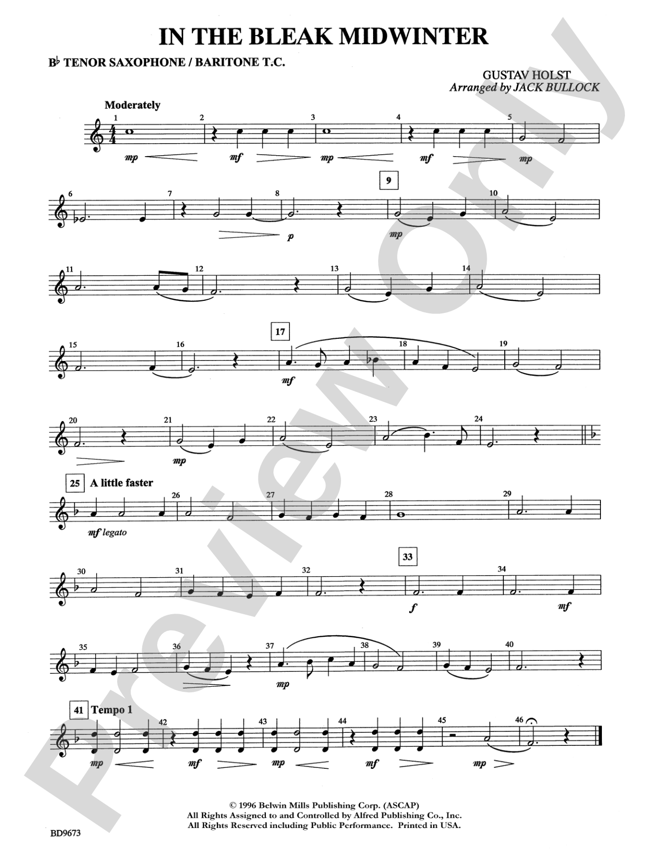 In the Bleak Midwinter: B-flat Tenor Saxophone