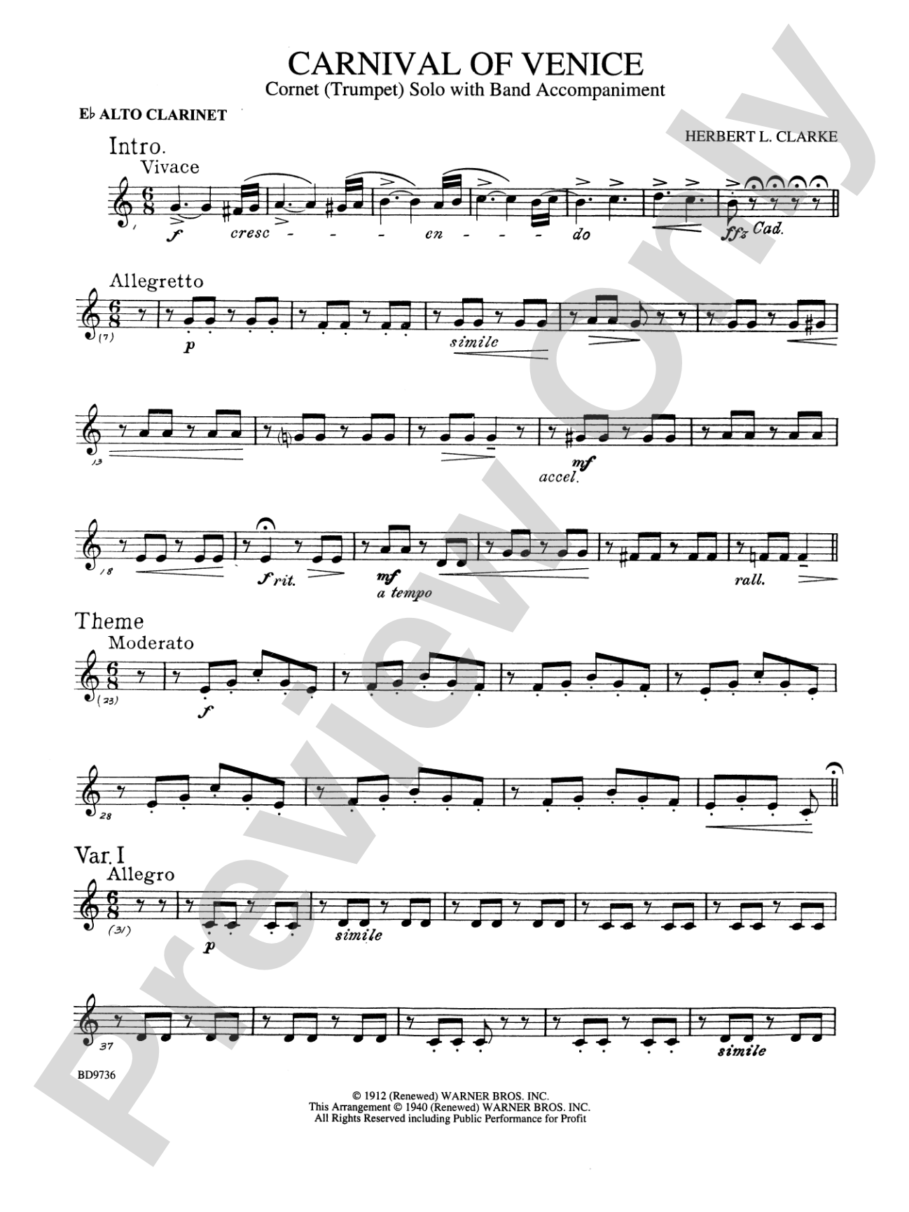 Carnival of Venice (Cornet (Trumpet) Solo with Band Accompaniment): E-flat Alto Clarinet