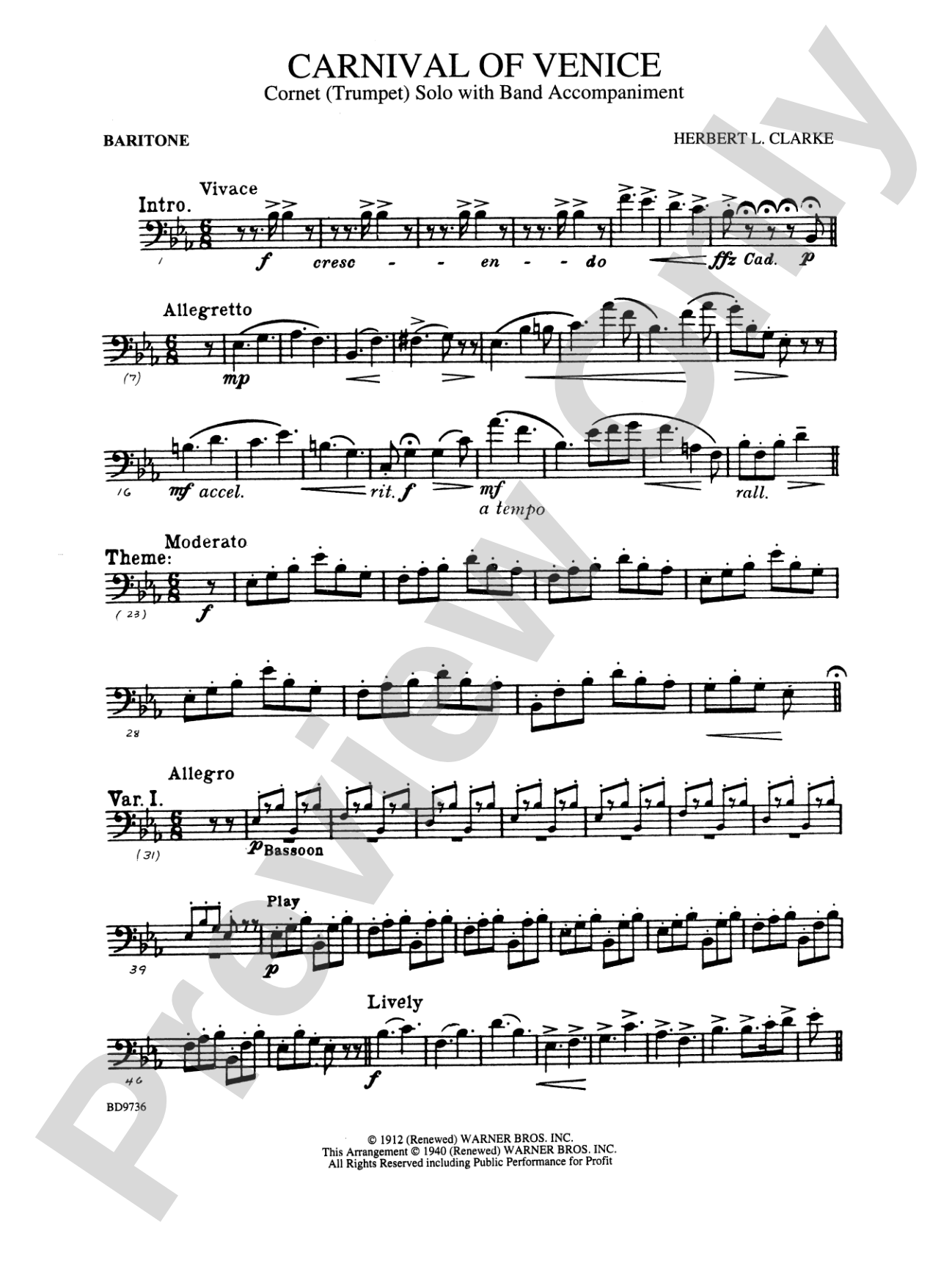 Carnival of Venice (Cornet (Trumpet) Solo with Band Accompaniment): Baritone B.C.