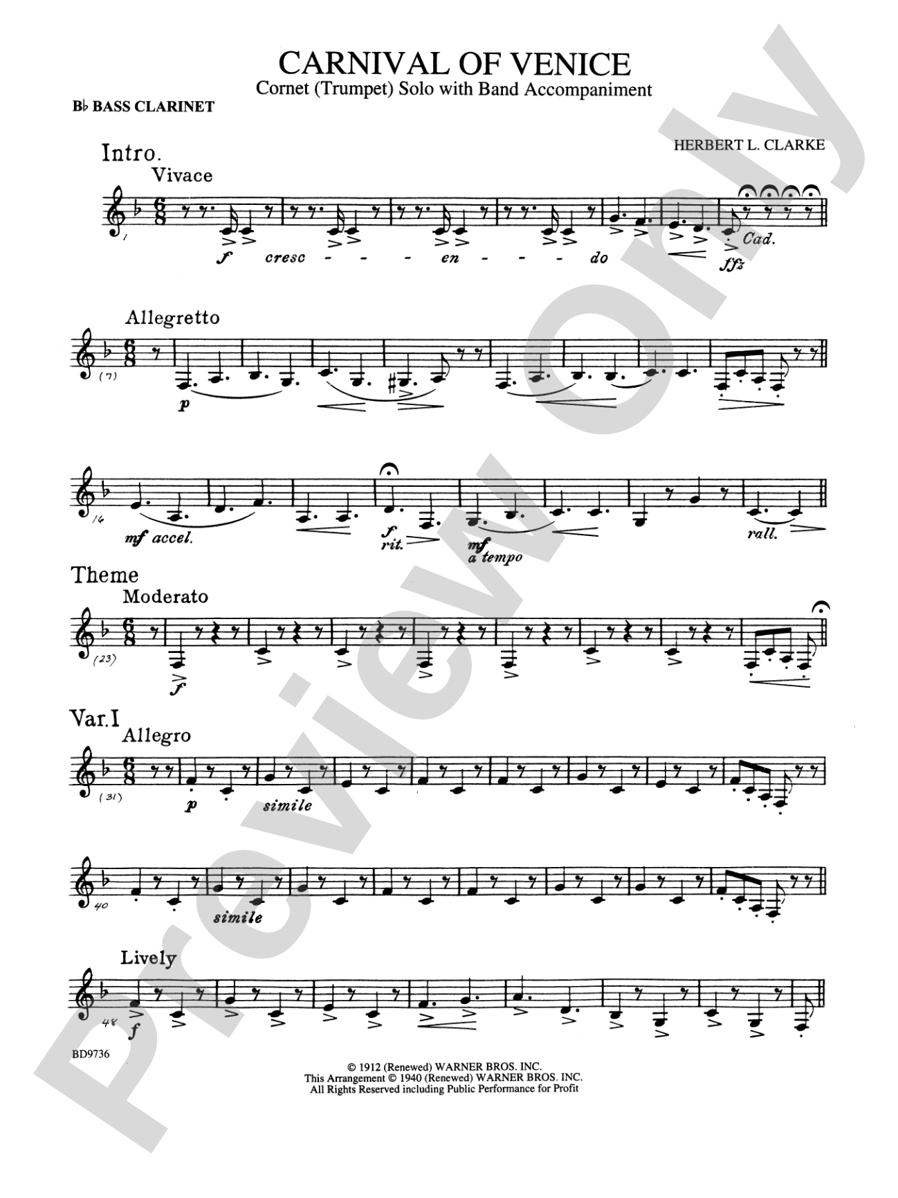 Carnival of Venice (Cornet (Trumpet) Solo with Band Accompaniment): B-flat Bass Clarinet