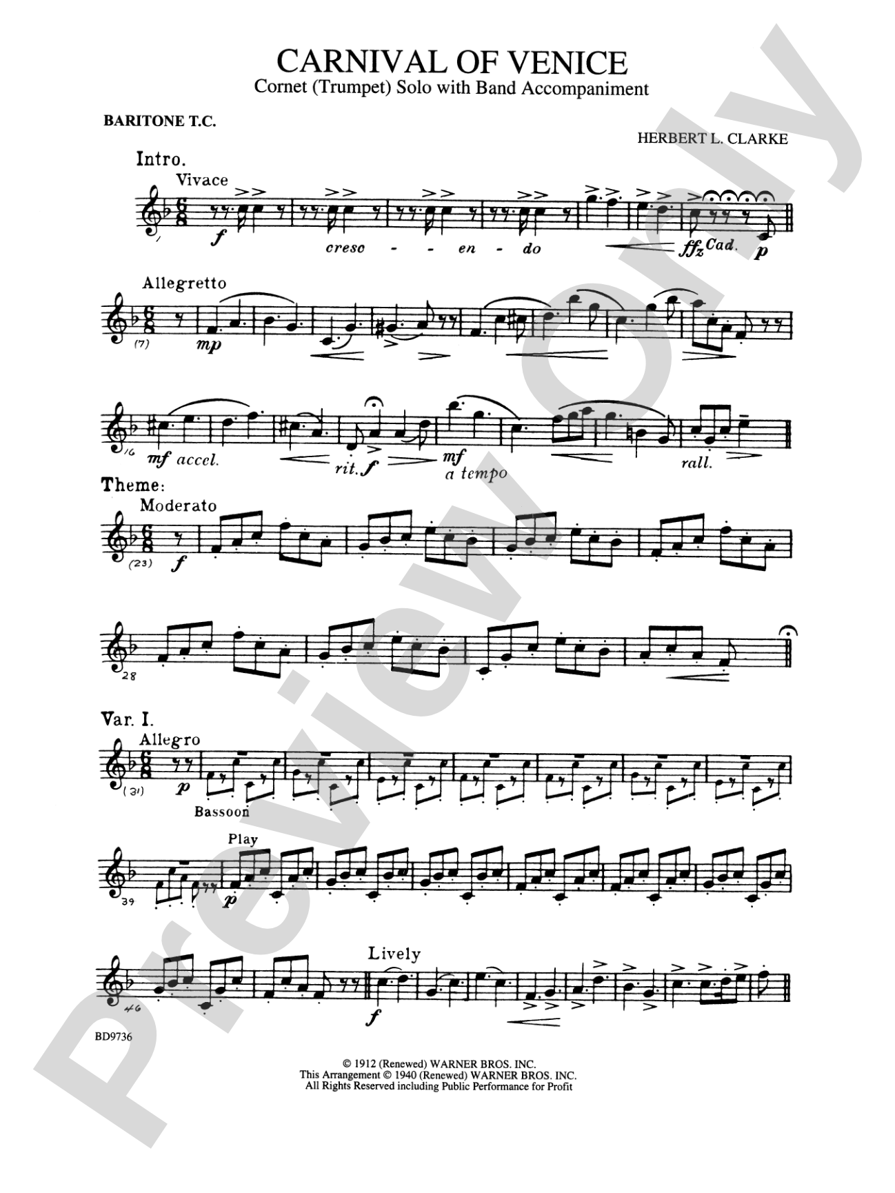 Carnival of Venice (Cornet (Trumpet) Solo with Band Accompaniment): Baritone T.C.
