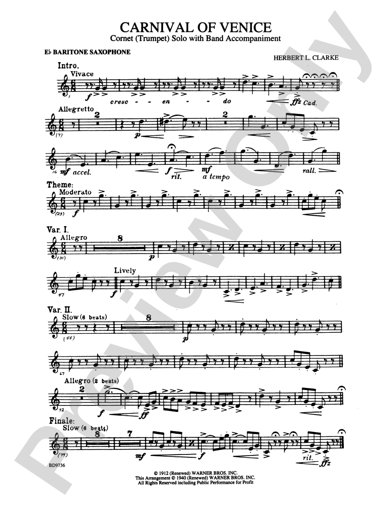 Carnival of Venice (Cornet (Trumpet) Solo with Band Accompaniment): E-flat Baritone Saxophone
