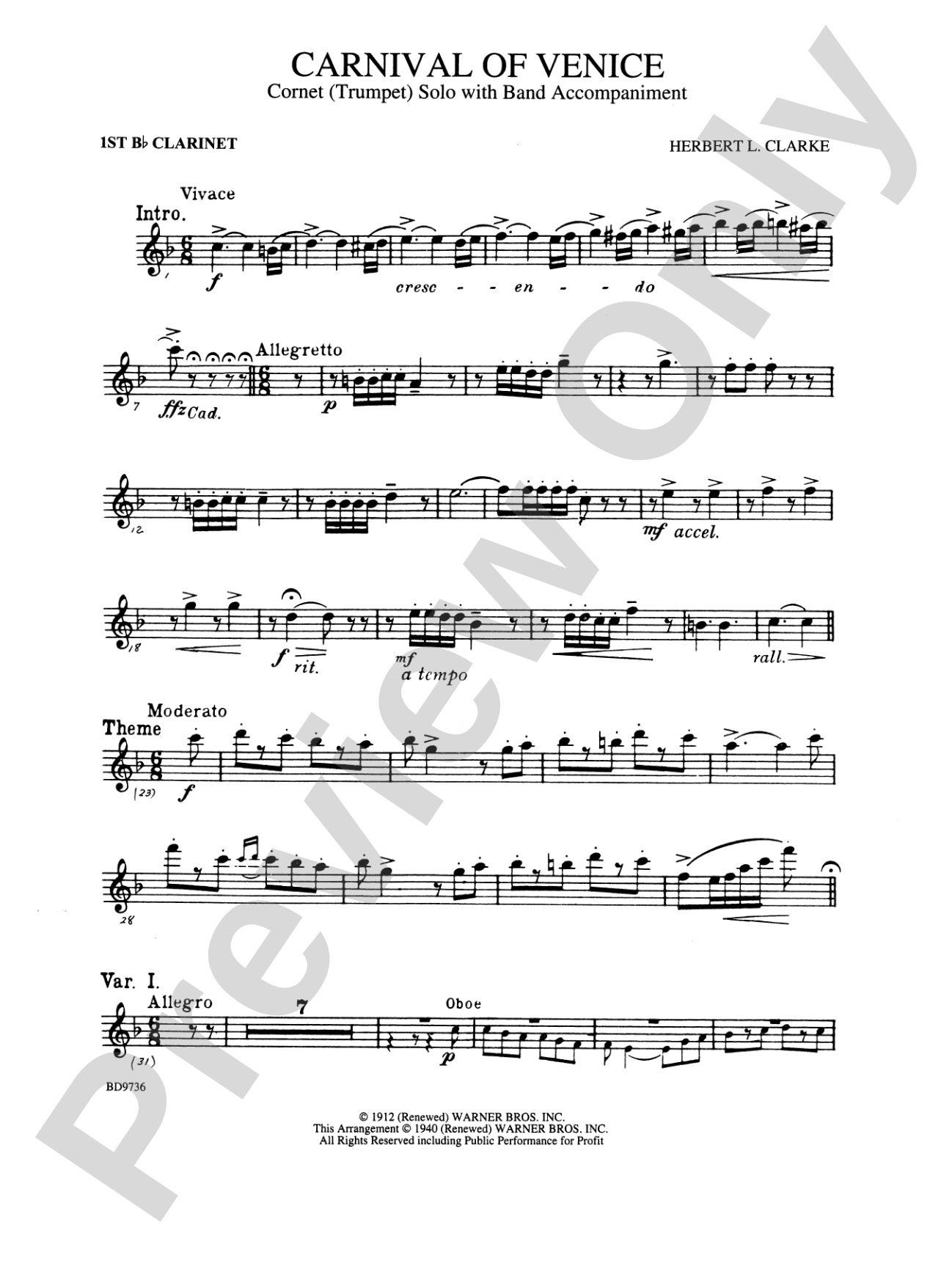 Carnival of Venice (Cornet (Trumpet) Solo with Band Accompaniment): 1st B-flat Clarinet