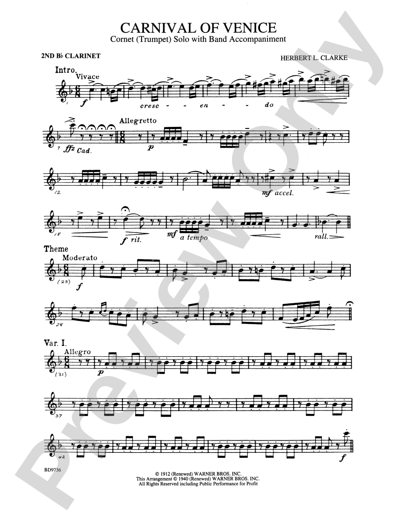 Carnival of Venice (Cornet (Trumpet) Solo with Band Accompaniment): 2nd B-flat Clarinet