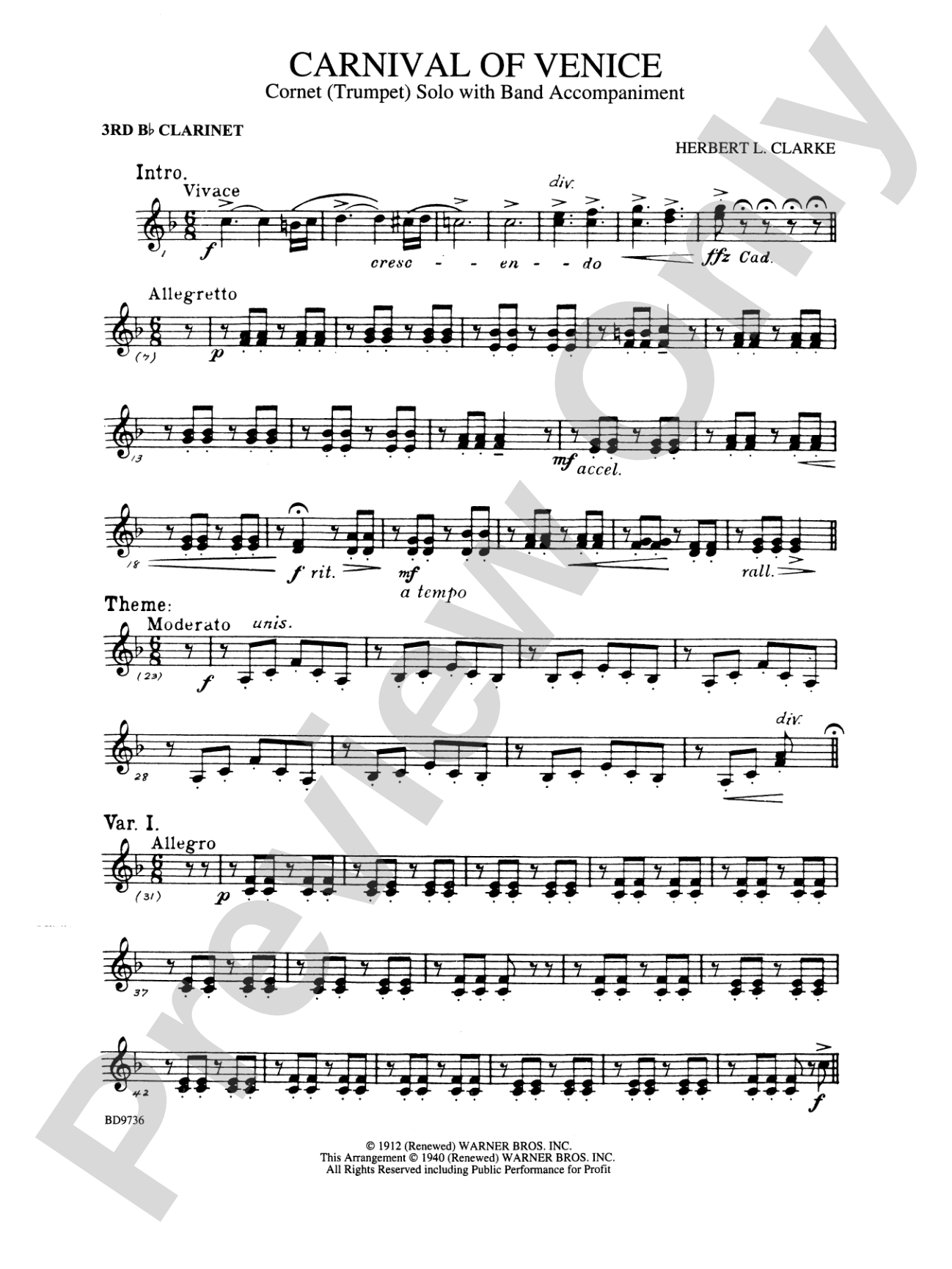 Carnival of Venice (Cornet (Trumpet) Solo with Band Accompaniment): 3rd B-flat Clarinet