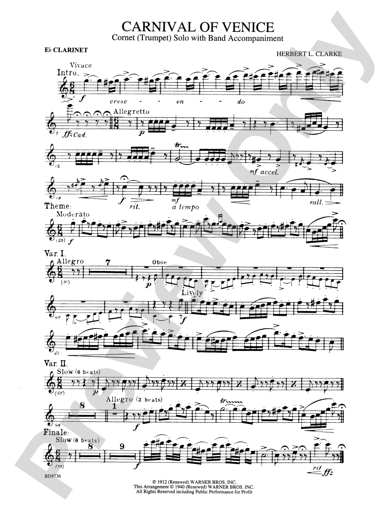 Carnival of Venice (Cornet (Trumpet) Solo with Band Accompaniment): E-flat Soprano Clarinet