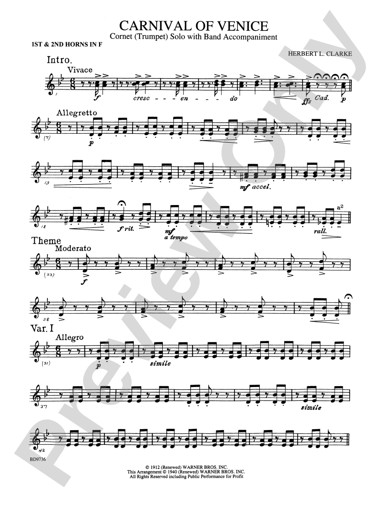 Carnival of Venice (Cornet (Trumpet) Solo with Band Accompaniment): 1st & 2nd F Horns