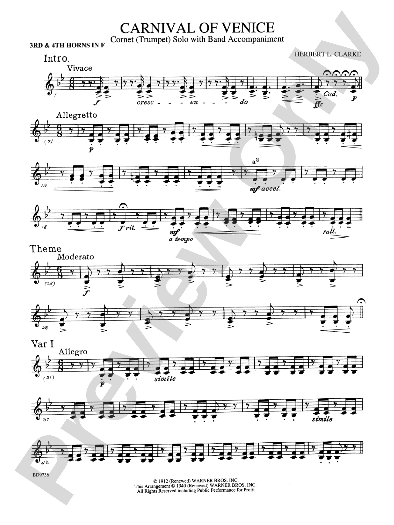 Carnival of Venice (Cornet (Trumpet) Solo with Band Accompaniment): 3rd & 4th F Horns