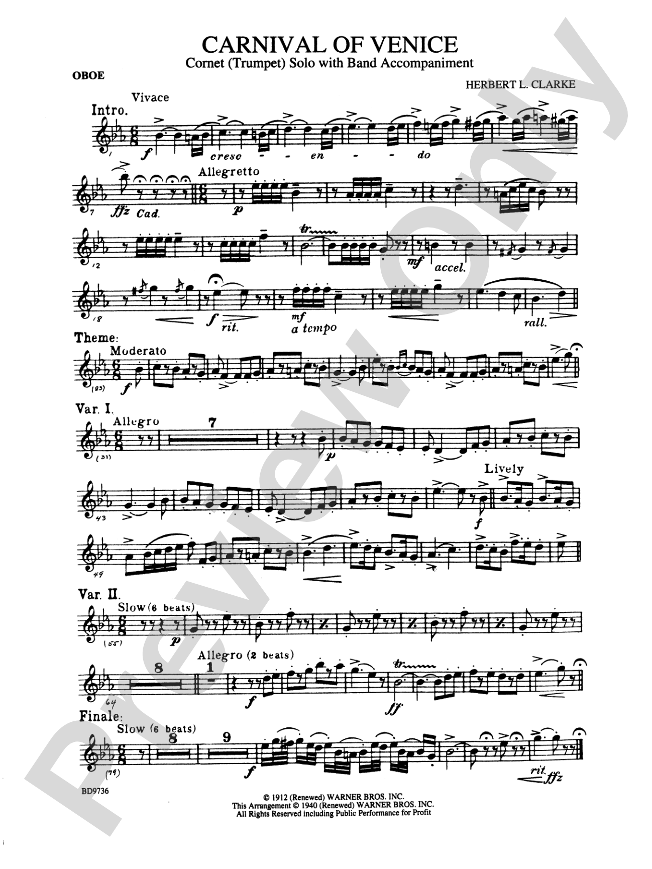 Carnival of Venice (Cornet (Trumpet) Solo with Band Accompaniment): Oboe