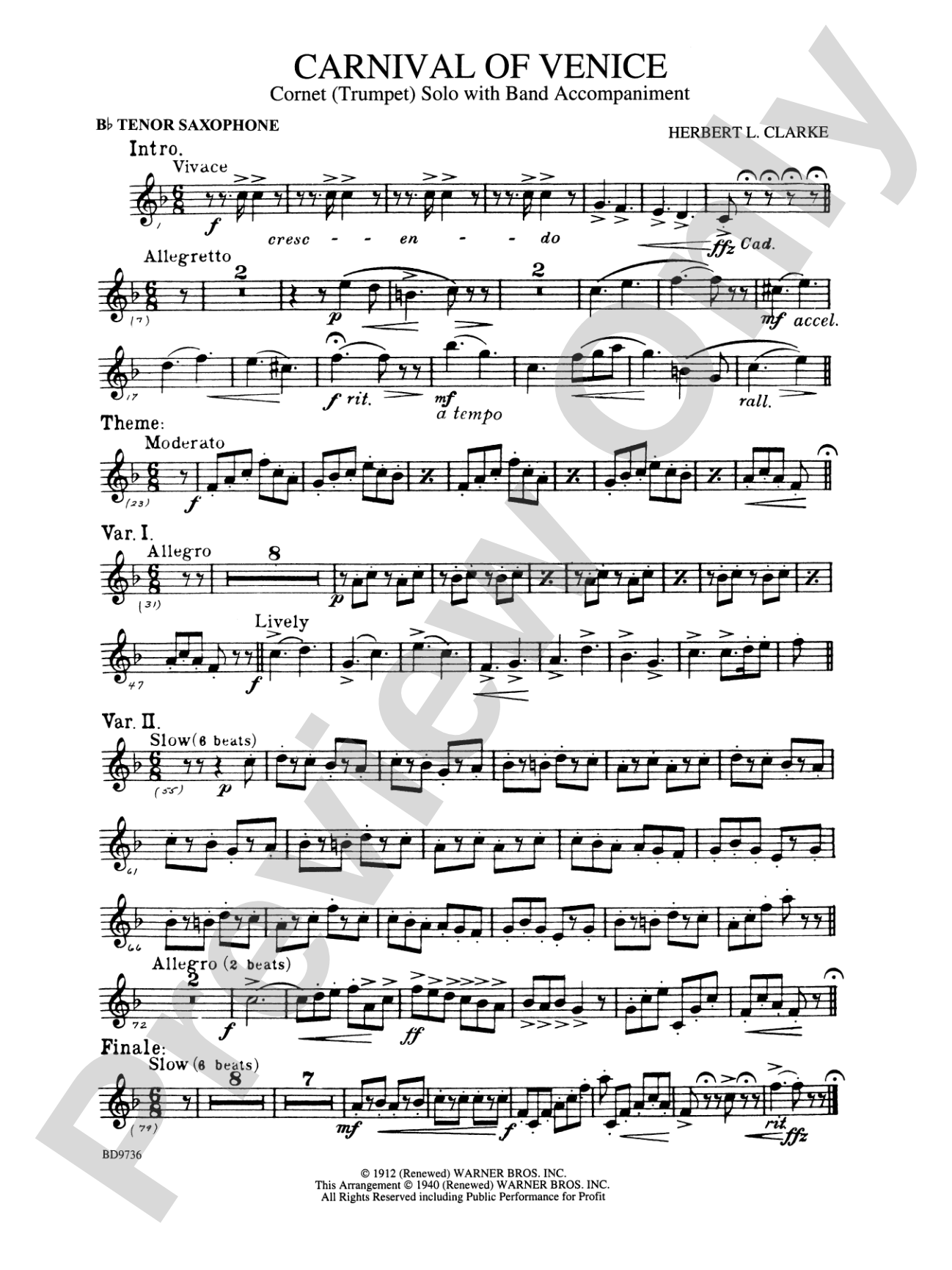 Carnival of Venice (Cornet (Trumpet) Solo with Band Accompaniment): B-flat Tenor Saxophone