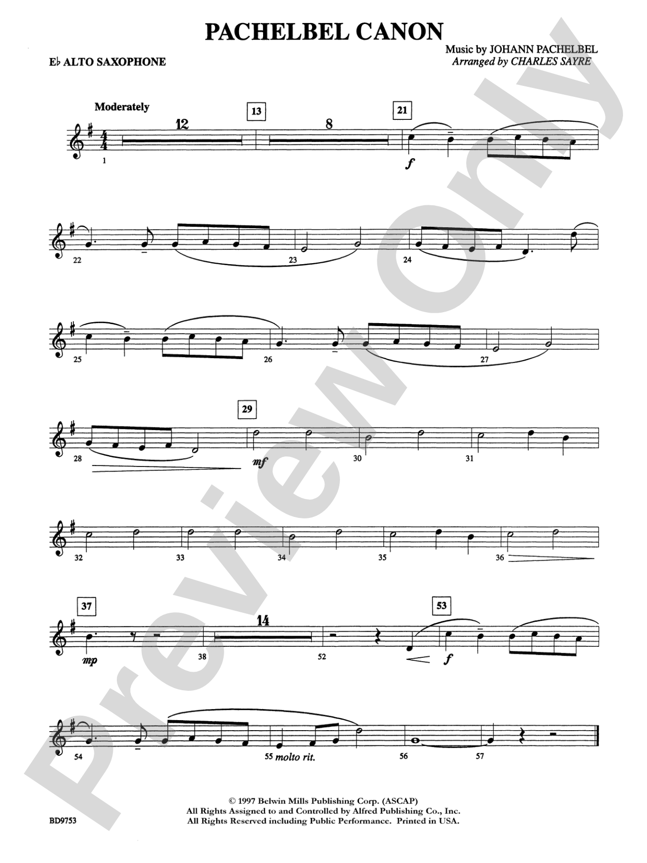 Pachelbel Canon: E-flat Alto Saxophone