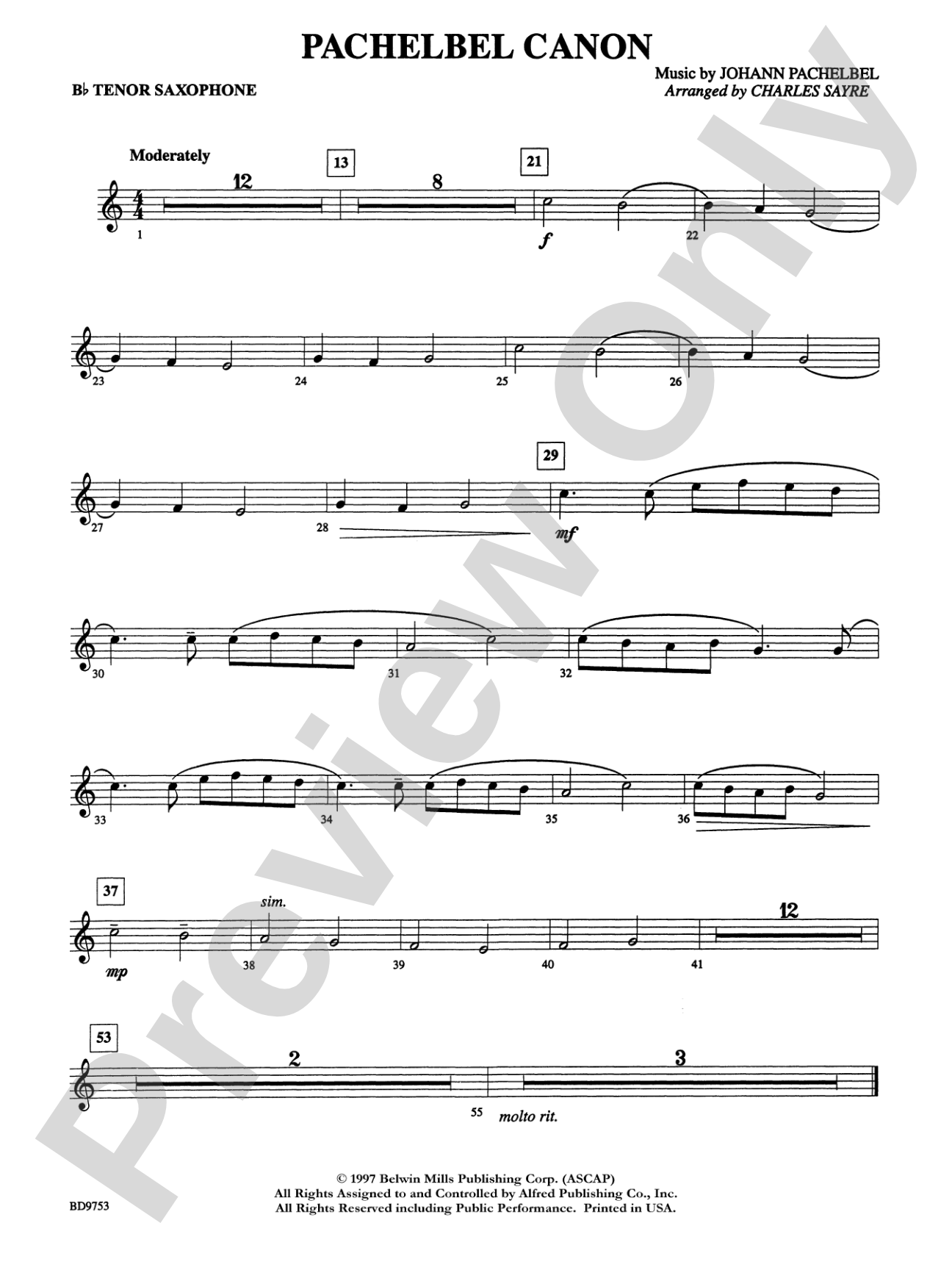 Pachelbel Canon: B-flat Tenor Saxophone