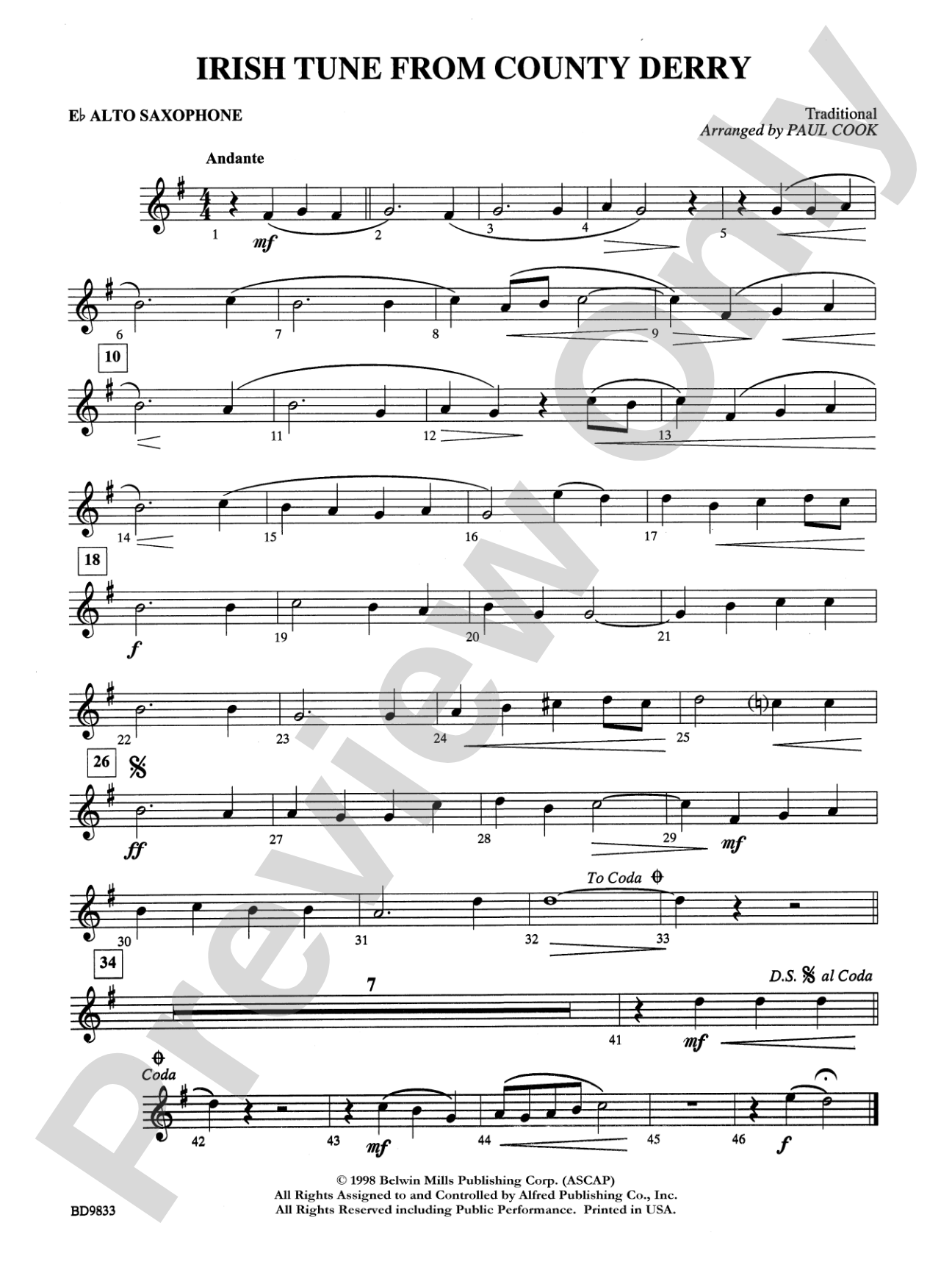 Irish Tune from County Derry: E-flat Alto Saxophone