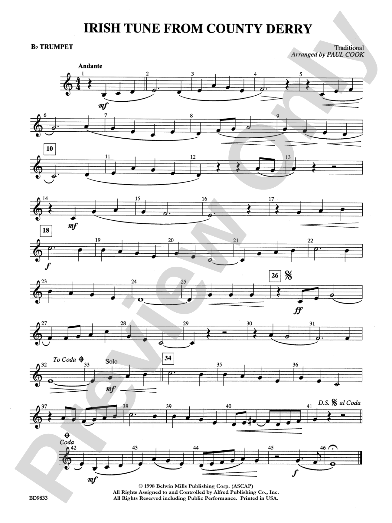 Irish Tune from County Derry: 1st B-flat Trumpet