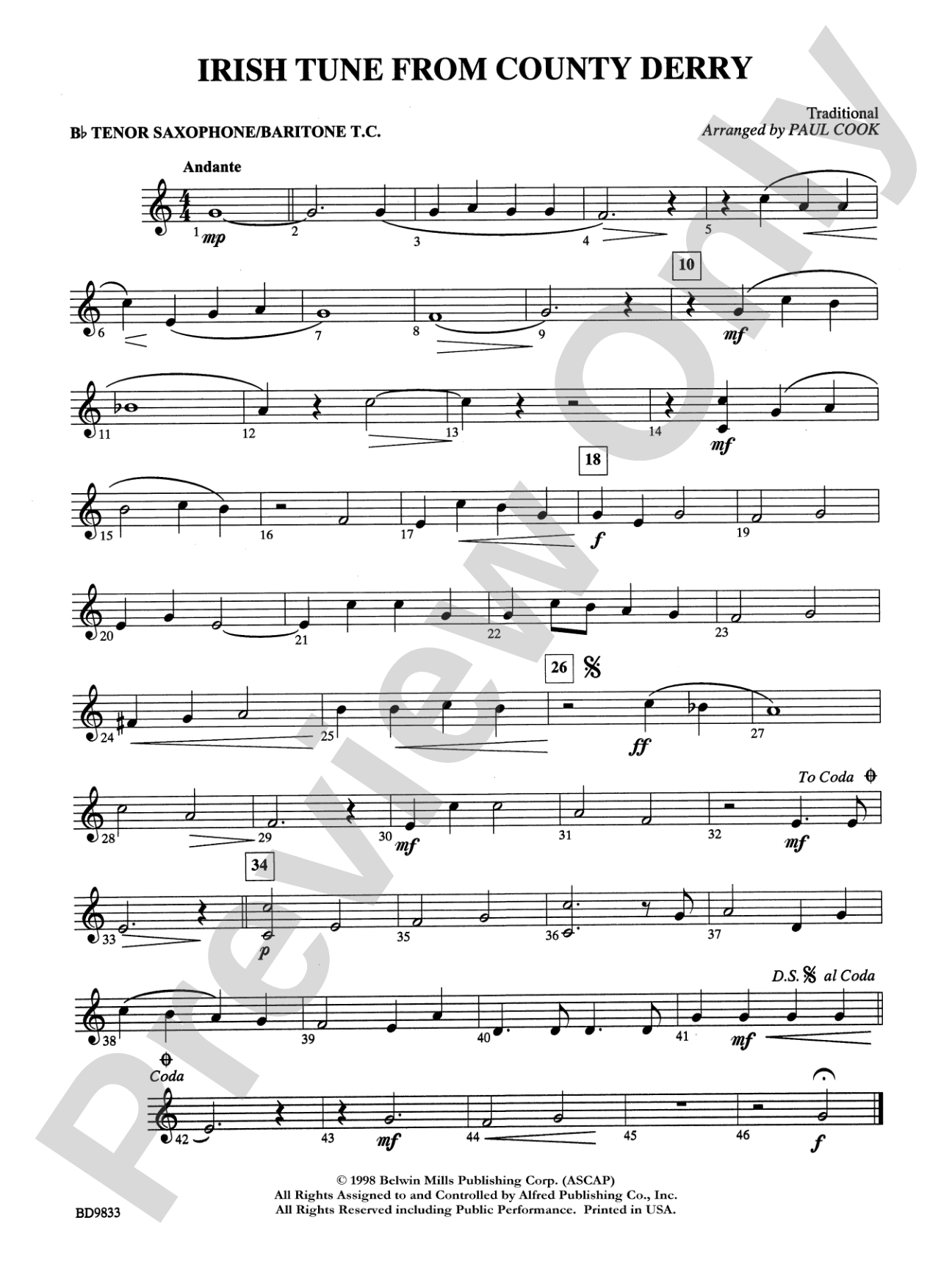 Irish Tune from County Derry: B-flat Tenor Saxophone