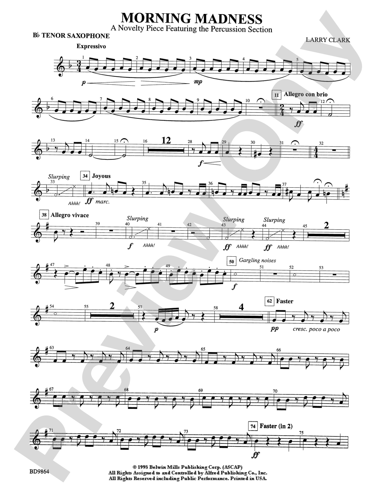 Morning Madness (a novelty featuring the Percussion Section): B-flat Tenor Saxophone