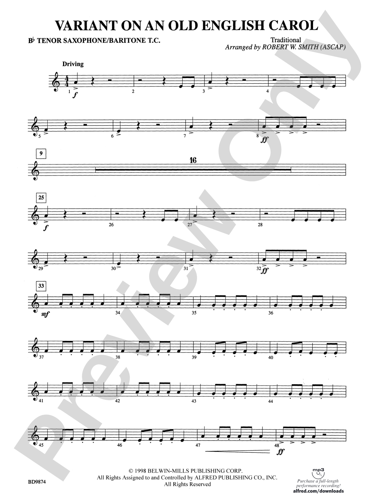 Variant on an Old English Carol: B-flat Tenor Saxophone
