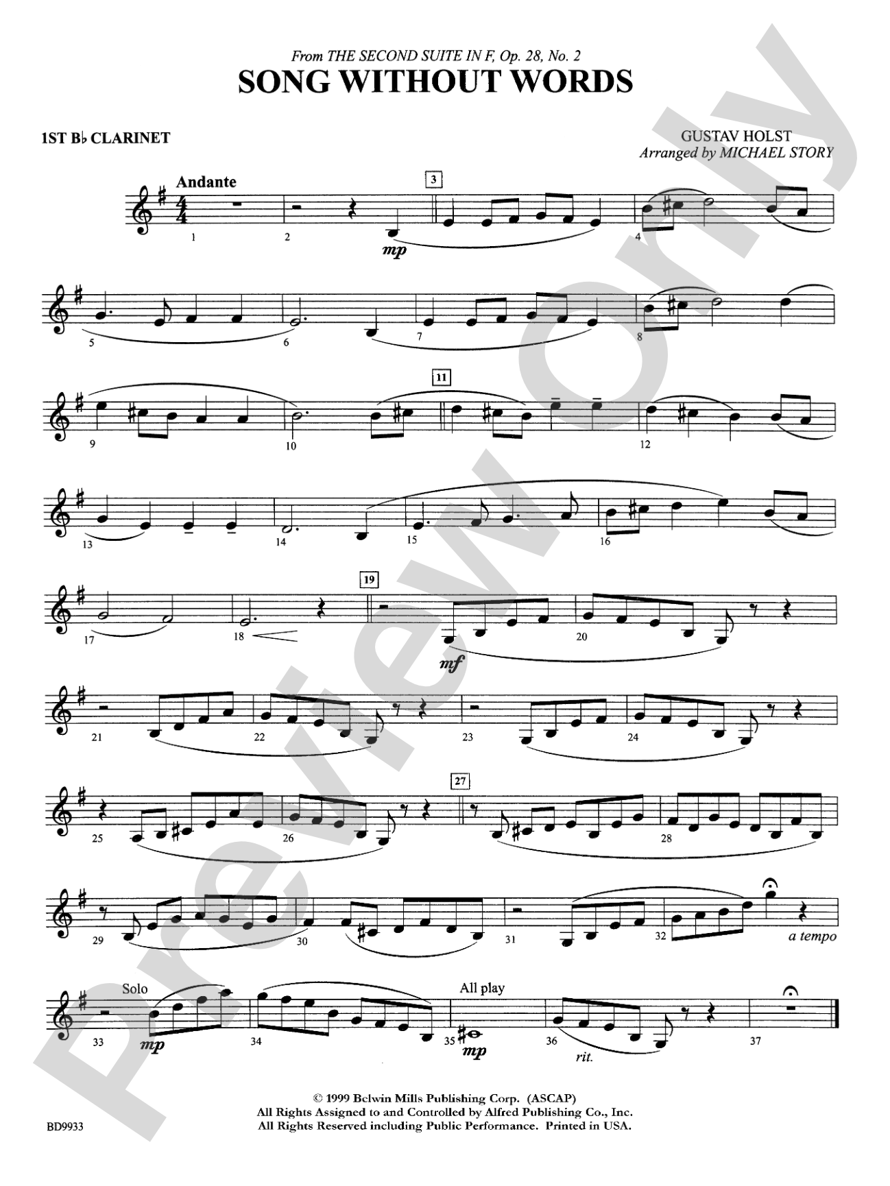 Song Without Words: 1st B-flat Clarinet