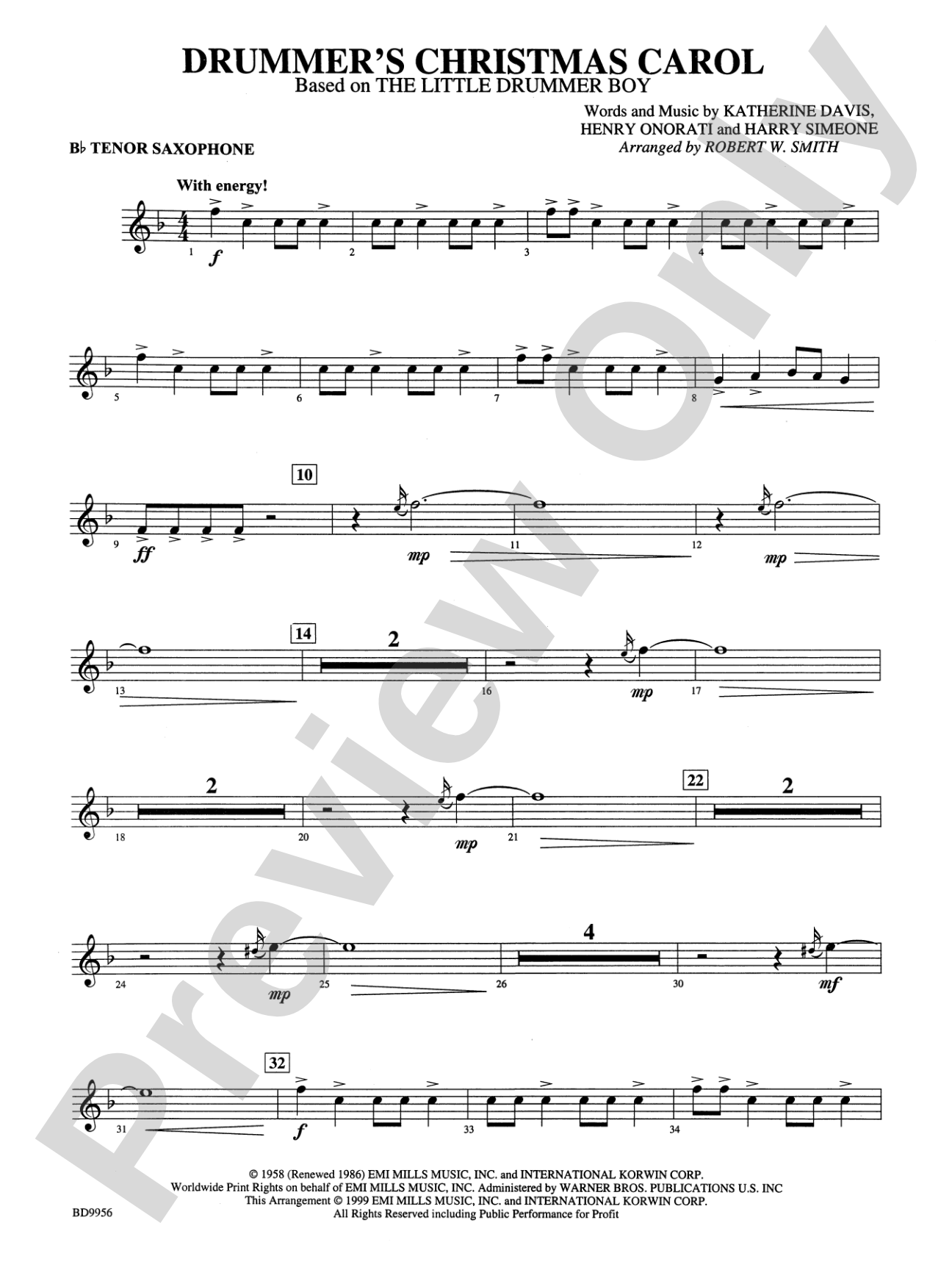 Drummer's Christmas Carol: B-flat Tenor Saxophone