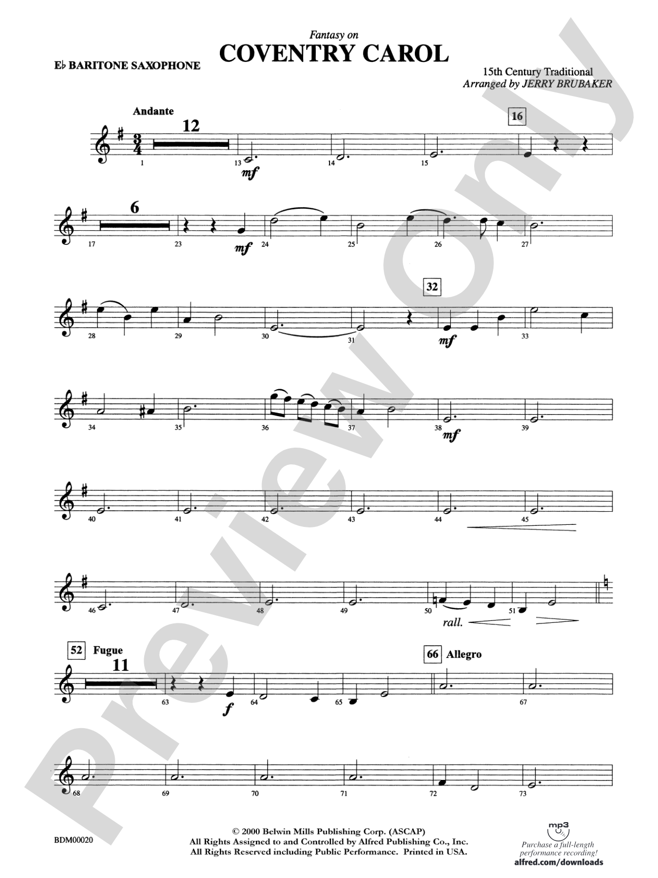 Coventry Carol: E-flat Baritone Saxophone