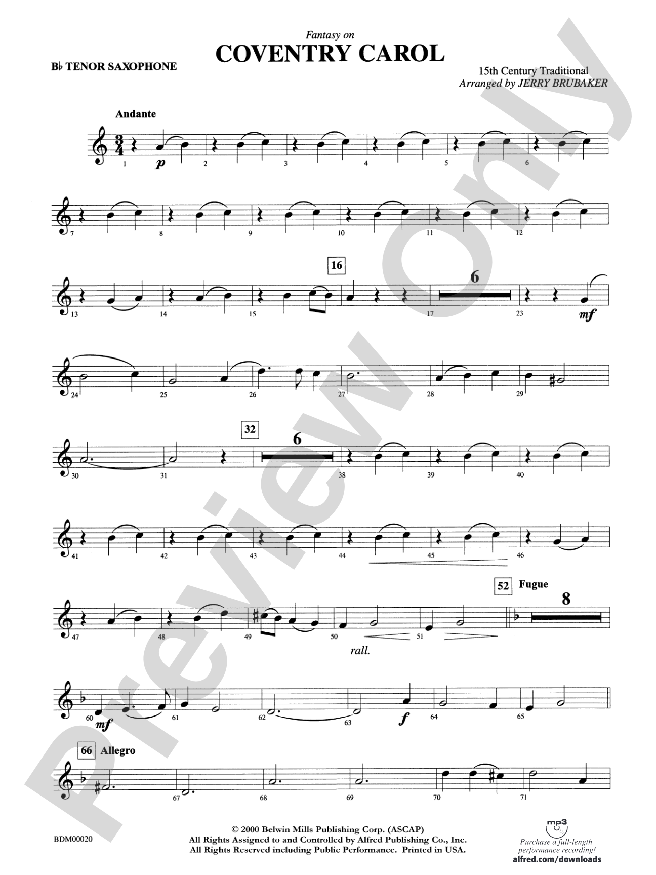 Coventry Carol: B-flat Tenor Saxophone