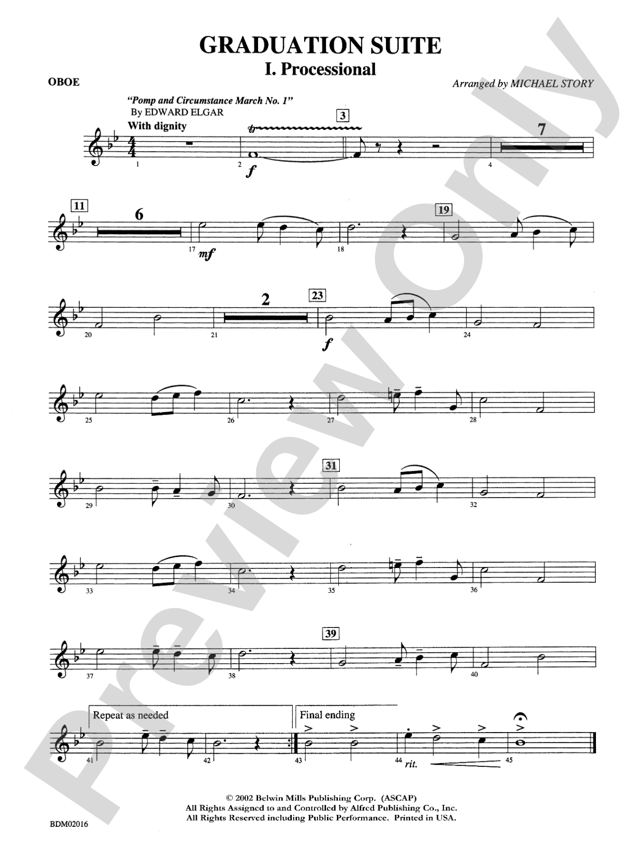 Graduation Suite (Processional: Pomp and Circumstance March No. 1 / Recessional: Rondeau from Premiere Suite): Oboe