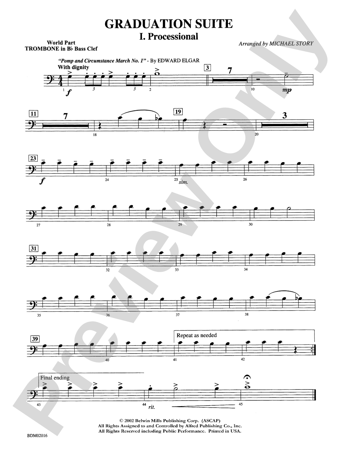 Graduation Suite (Processional: Pomp and Circumstance March No. 1 / Recessional: Rondeau from Premiere Suite): WP 1st B-flat Trombone B.C.