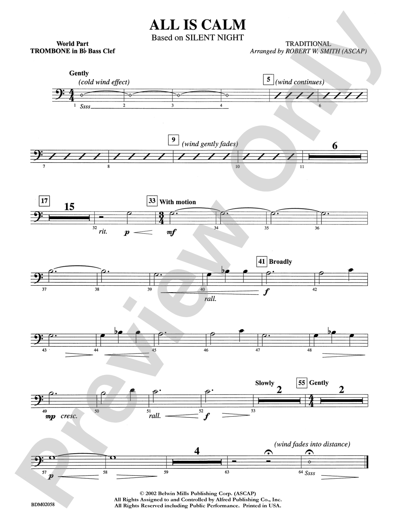 All Is Calm (based on Silent Night): WP 1st B-flat Trombone B.C.