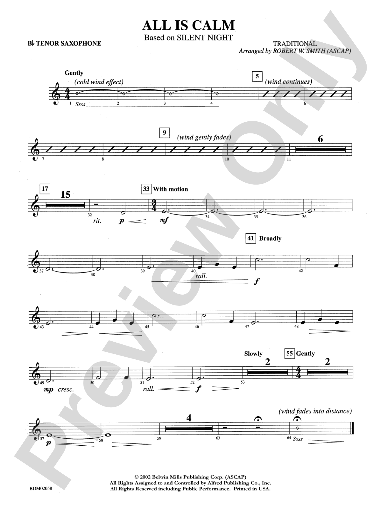 All Is Calm (based on Silent Night): B-flat Tenor Saxophone