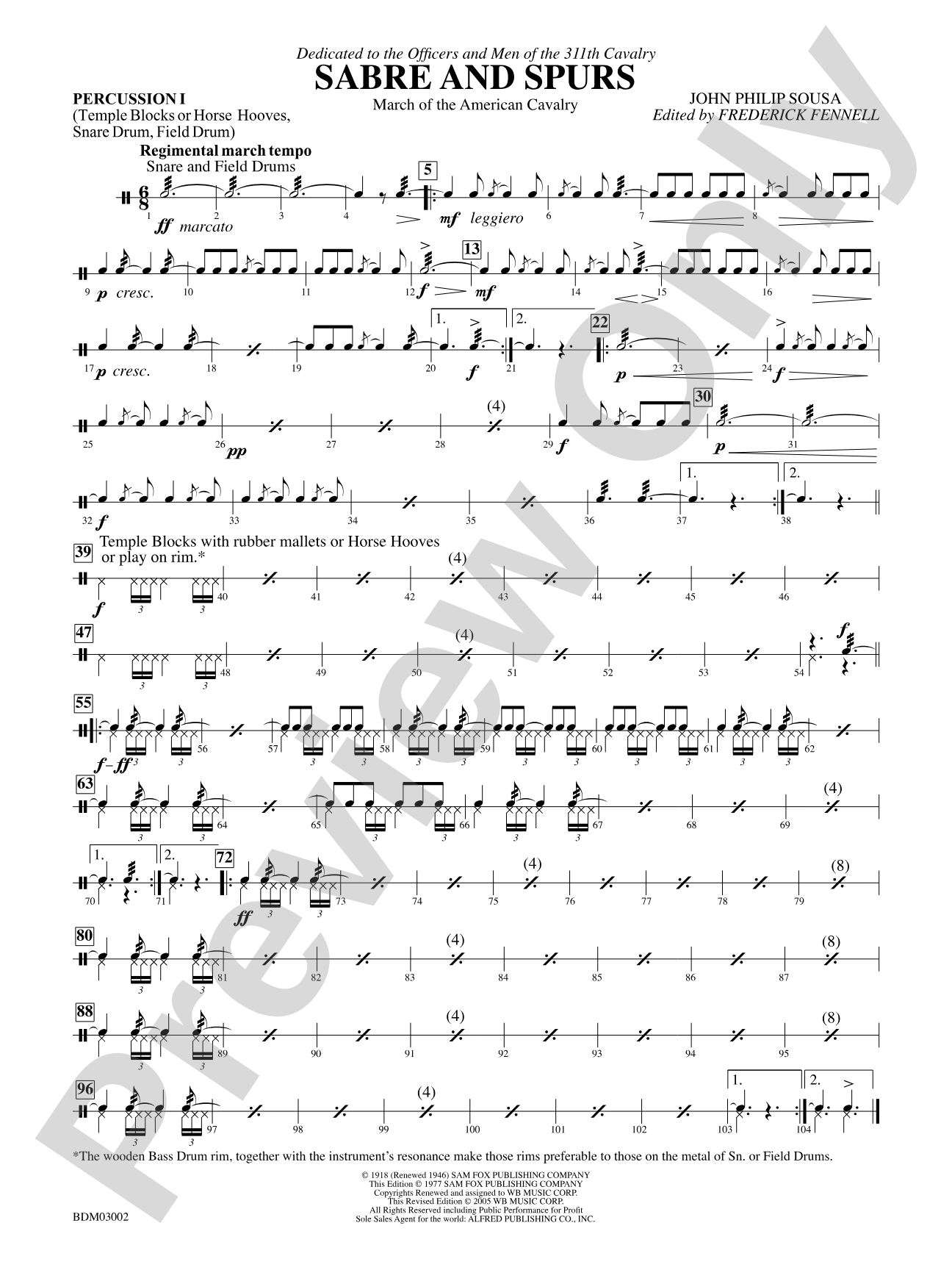 Sabre and Spurs (March of the American Cavalry): 1st Percussion