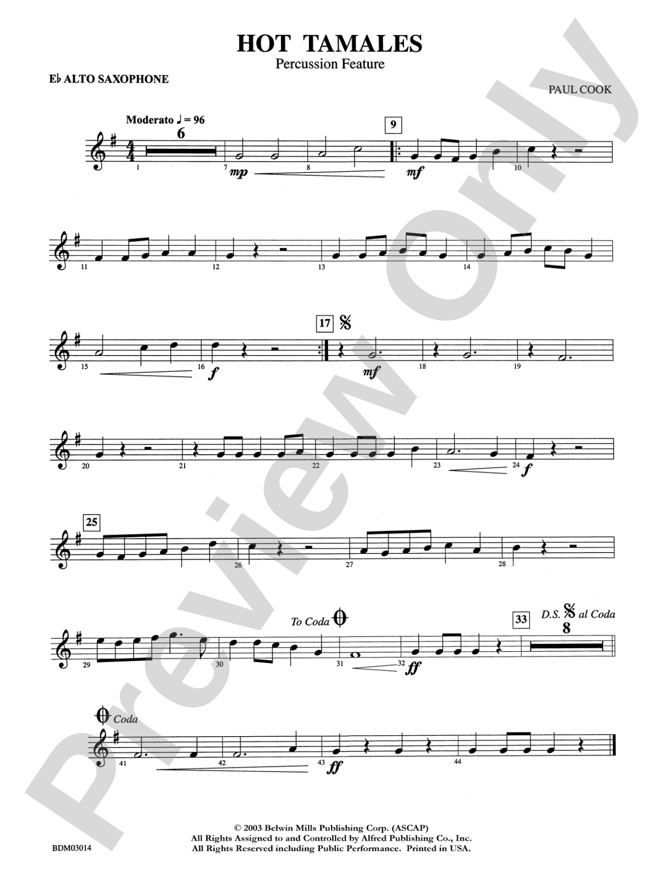 Hot Tamales (Percussion Feature): E-flat Alto Saxophone