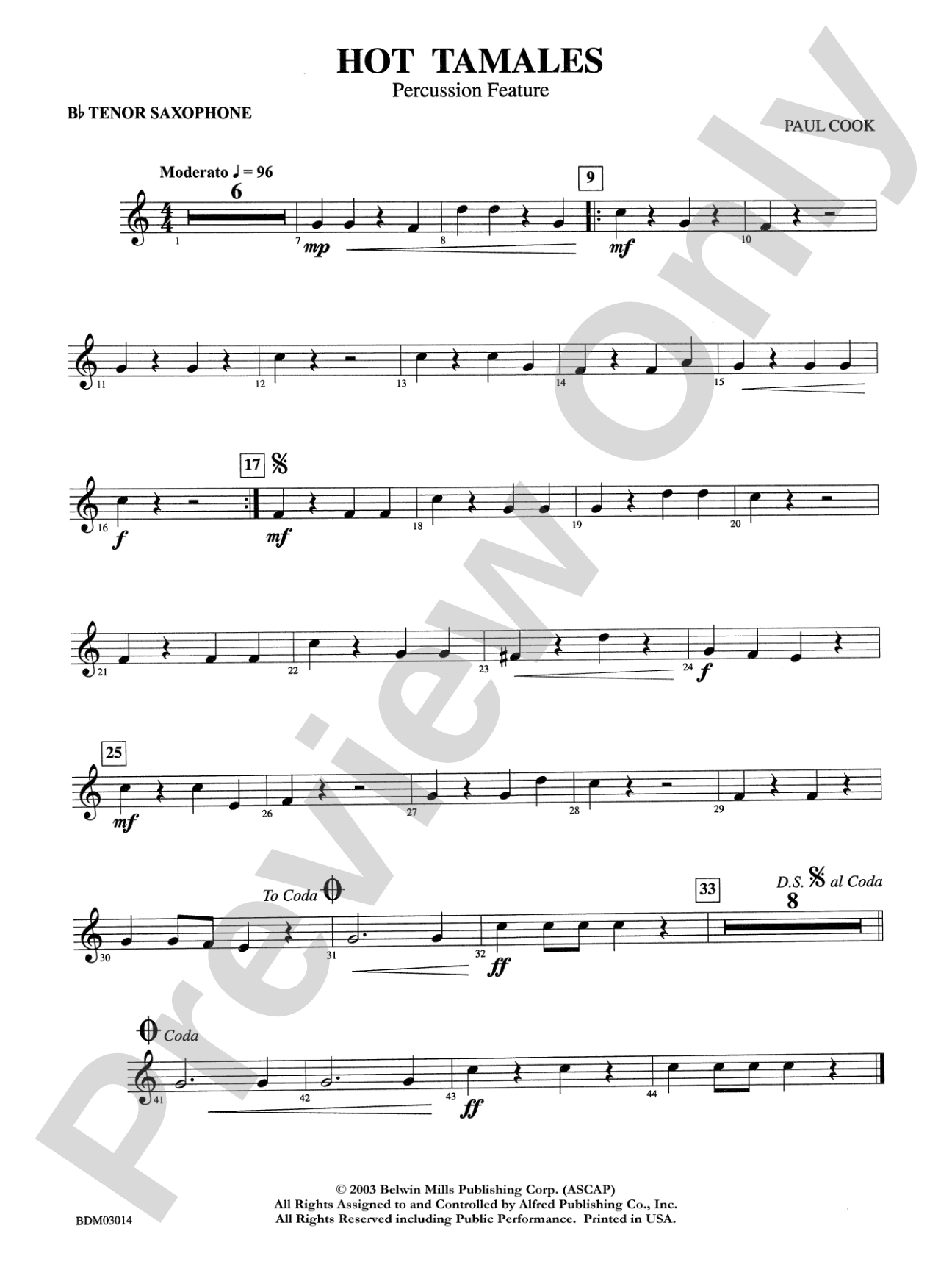 Hot Tamales (Percussion Feature): B-flat Tenor Saxophone