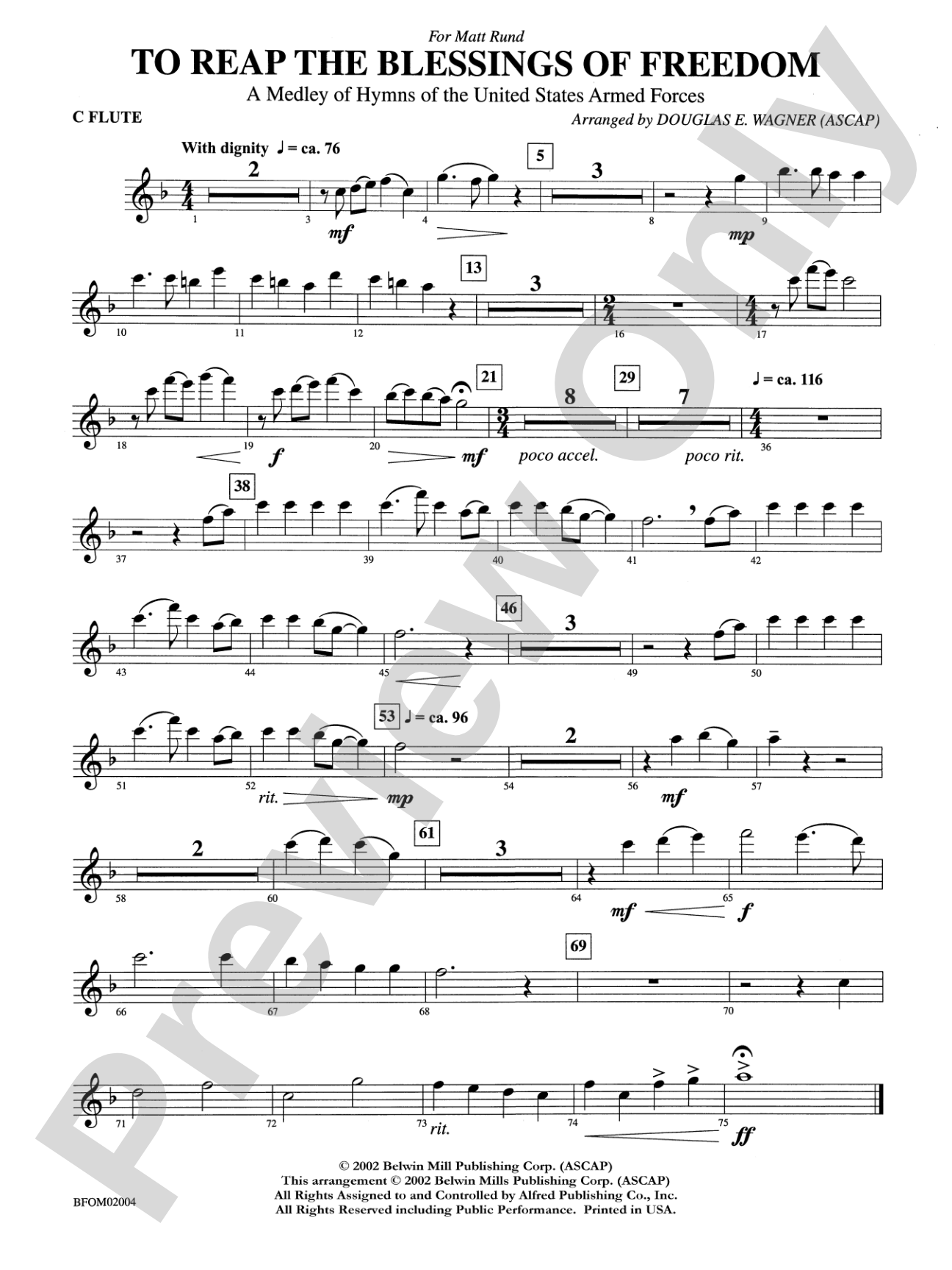 To Reap the Blessings of Freedom (A Medley of Hymns of the United States Armed Forces): Flute