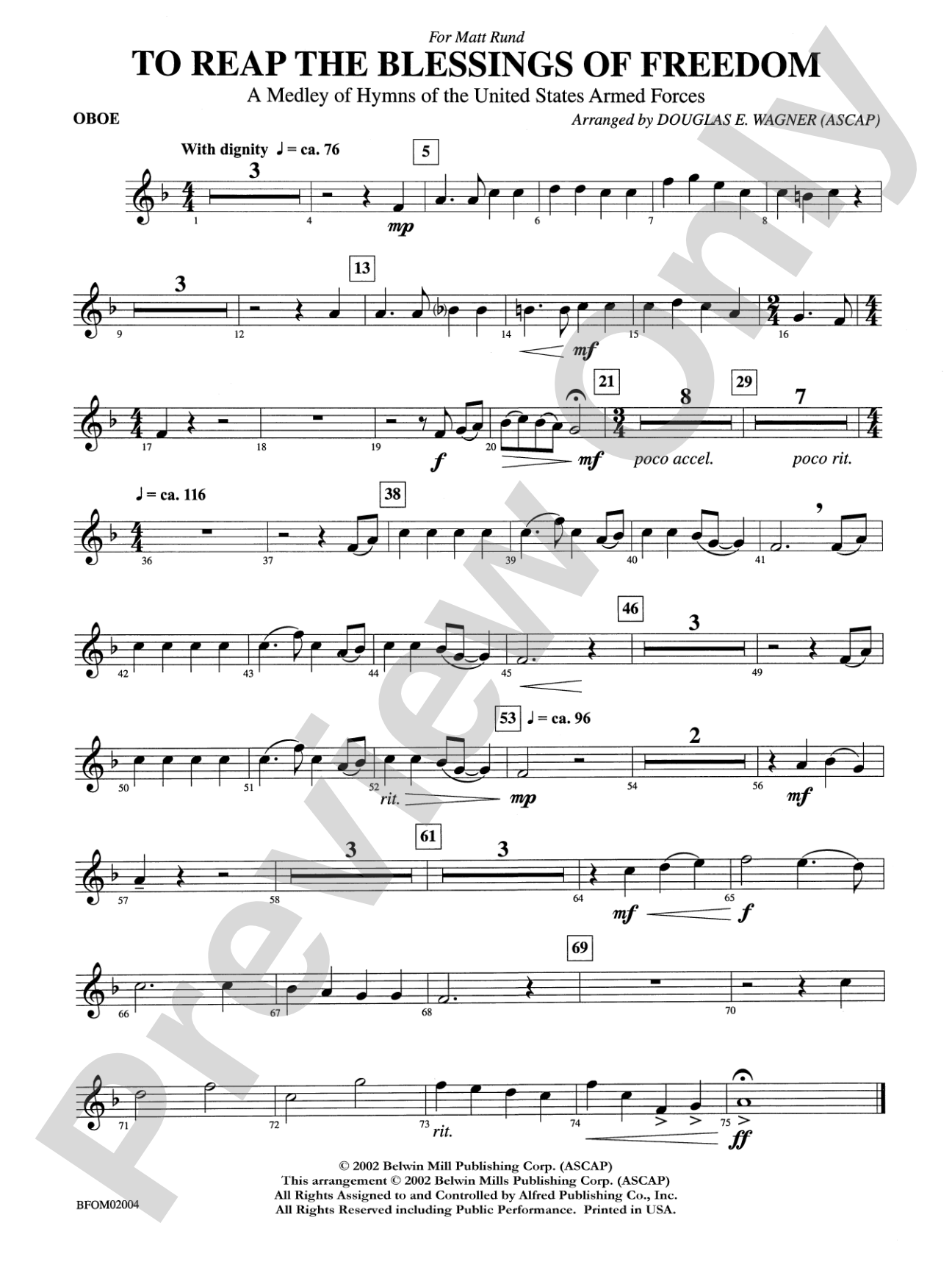 To Reap the Blessings of Freedom (A Medley of Hymns of the United States Armed Forces): Oboe