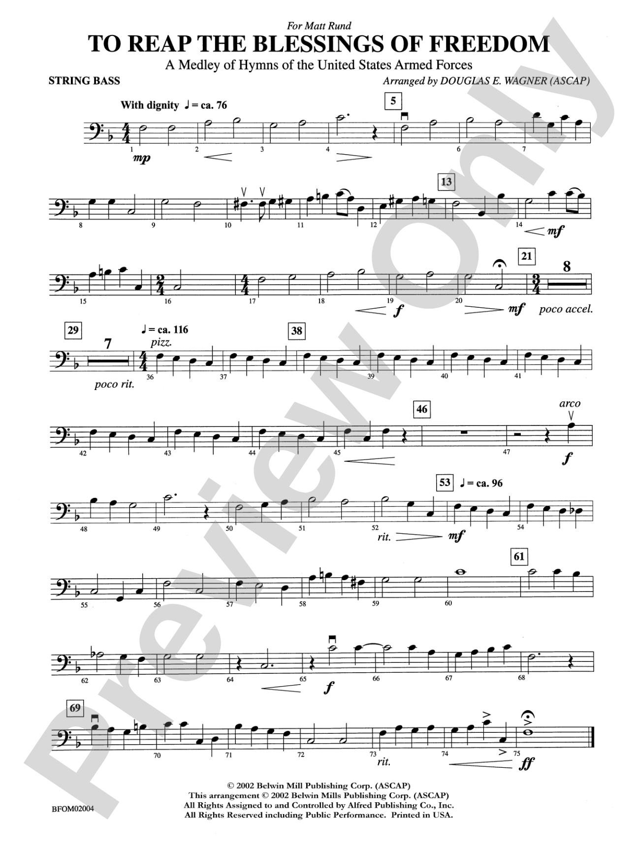 To Reap the Blessings of Freedom (A Medley of Hymns of the United States Armed Forces): String Bass
