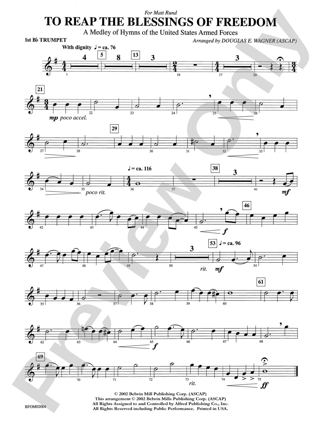 To Reap the Blessings of Freedom (A Medley of Hymns of the United States Armed Forces): 1st B-flat Trumpet