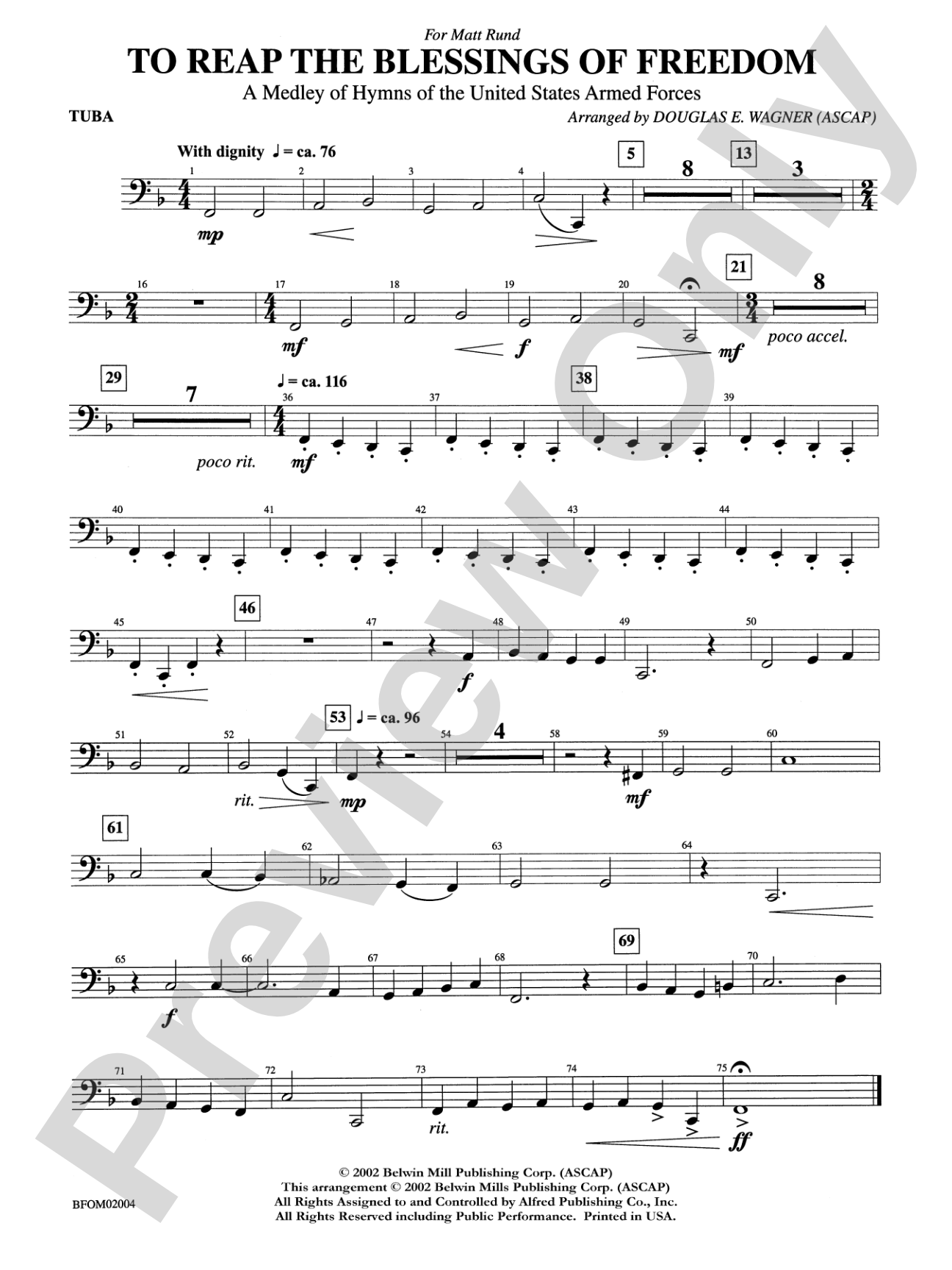 To Reap the Blessings of Freedom (A Medley of Hymns of the United States Armed Forces): Tuba