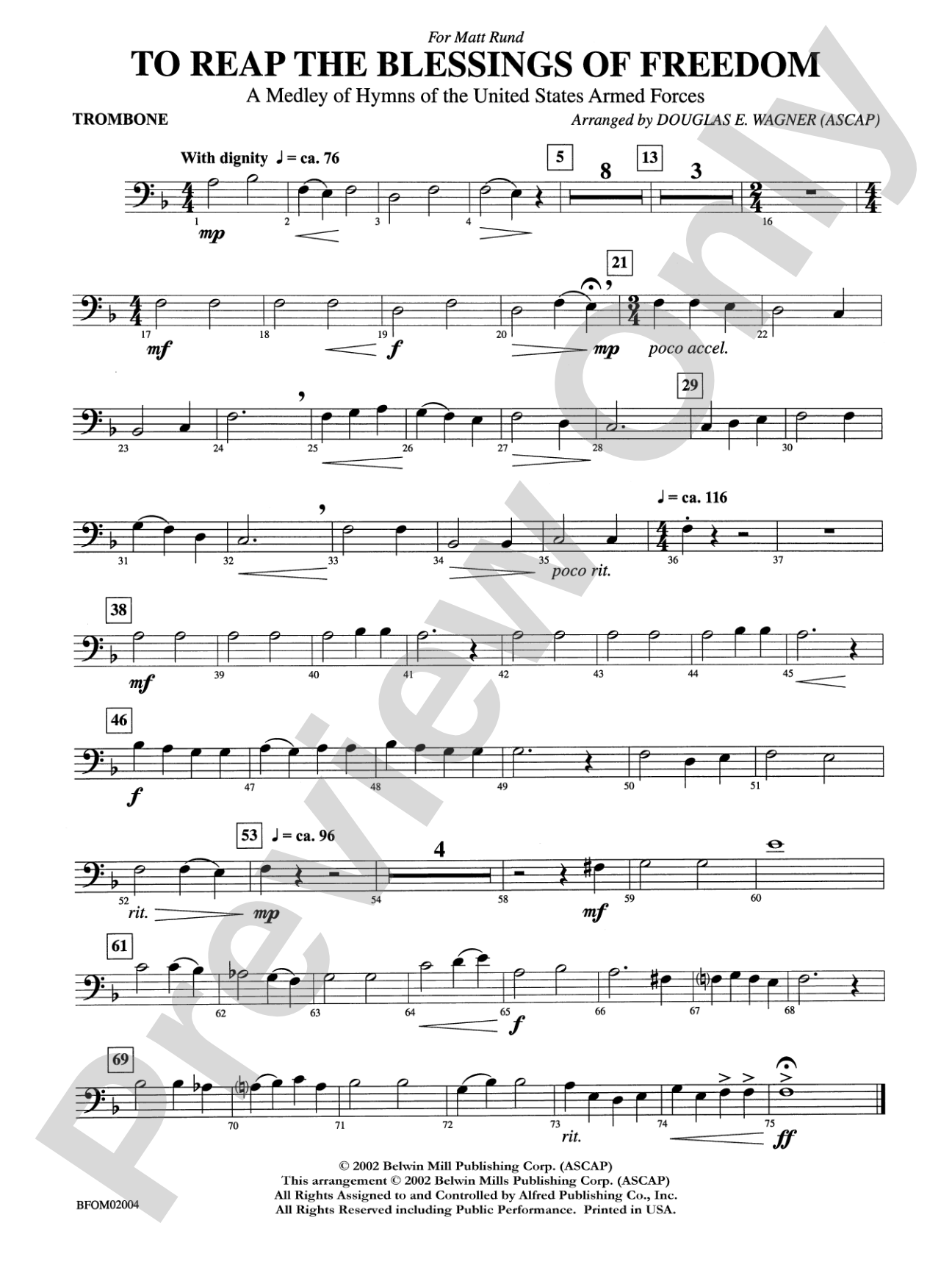 To Reap the Blessings of Freedom (A Medley of Hymns of the United States Armed Forces): 1st Trombone