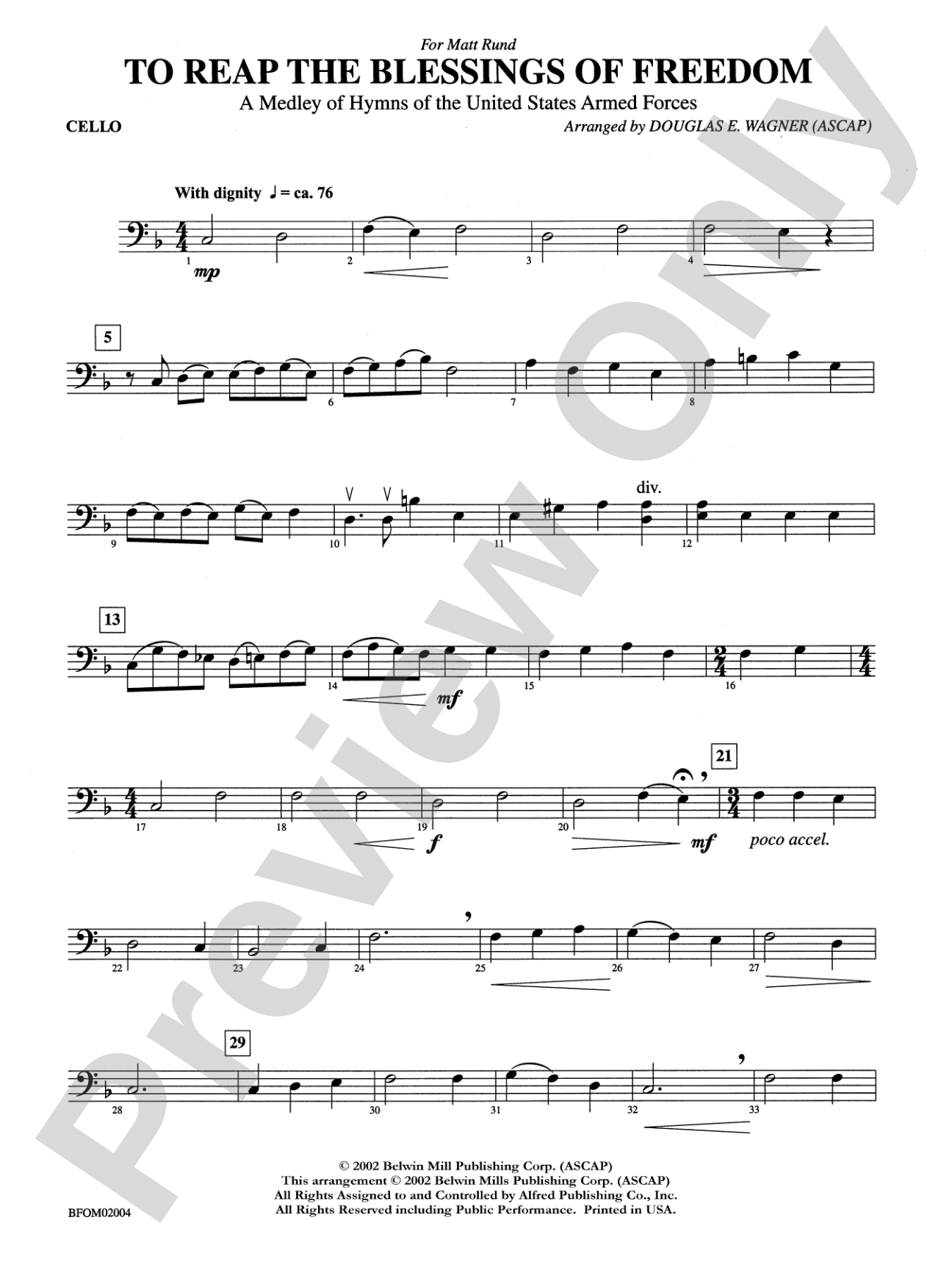 To Reap the Blessings of Freedom (A Medley of Hymns of the United States Armed Forces): Cello