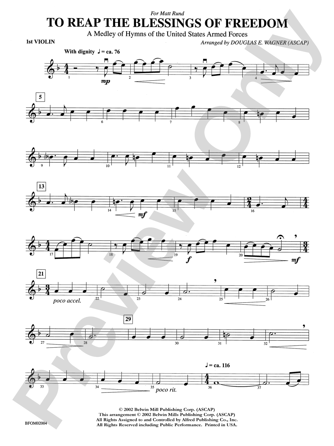 To Reap the Blessings of Freedom (A Medley of Hymns of the United States Armed Forces): 1st Violin