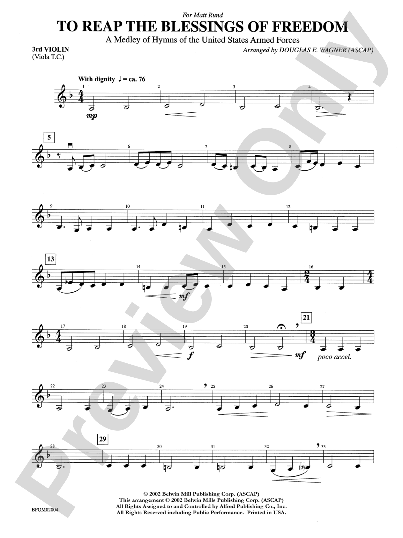 To Reap the Blessings of Freedom (A Medley of Hymns of the United States Armed Forces): 3rd Violin (Viola [TC])