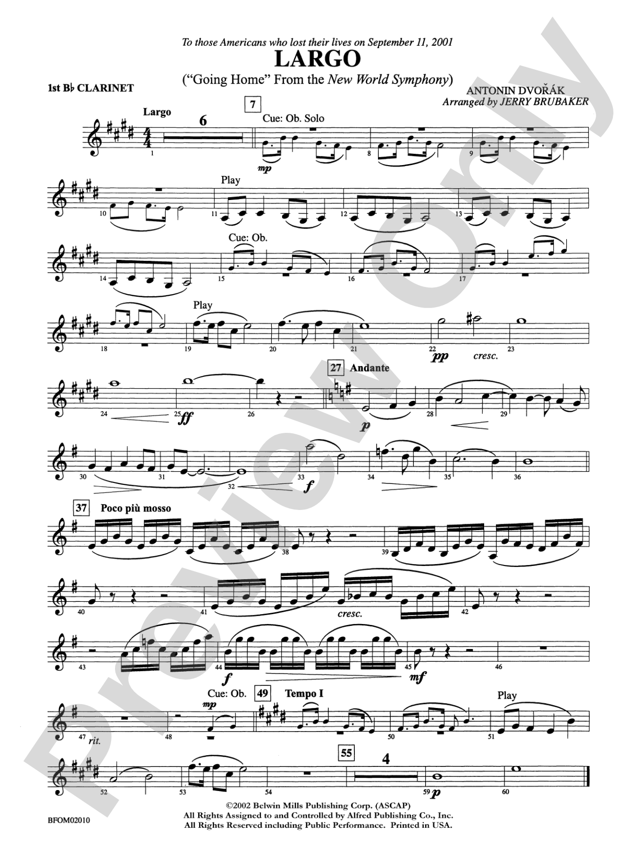 Largo ("Going Home" from the New World Symphony): 1st B-flat Clarinet