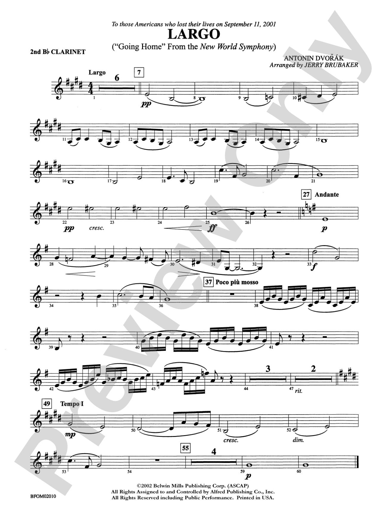 Largo ("Going Home" from the New World Symphony): 2nd B-flat Clarinet