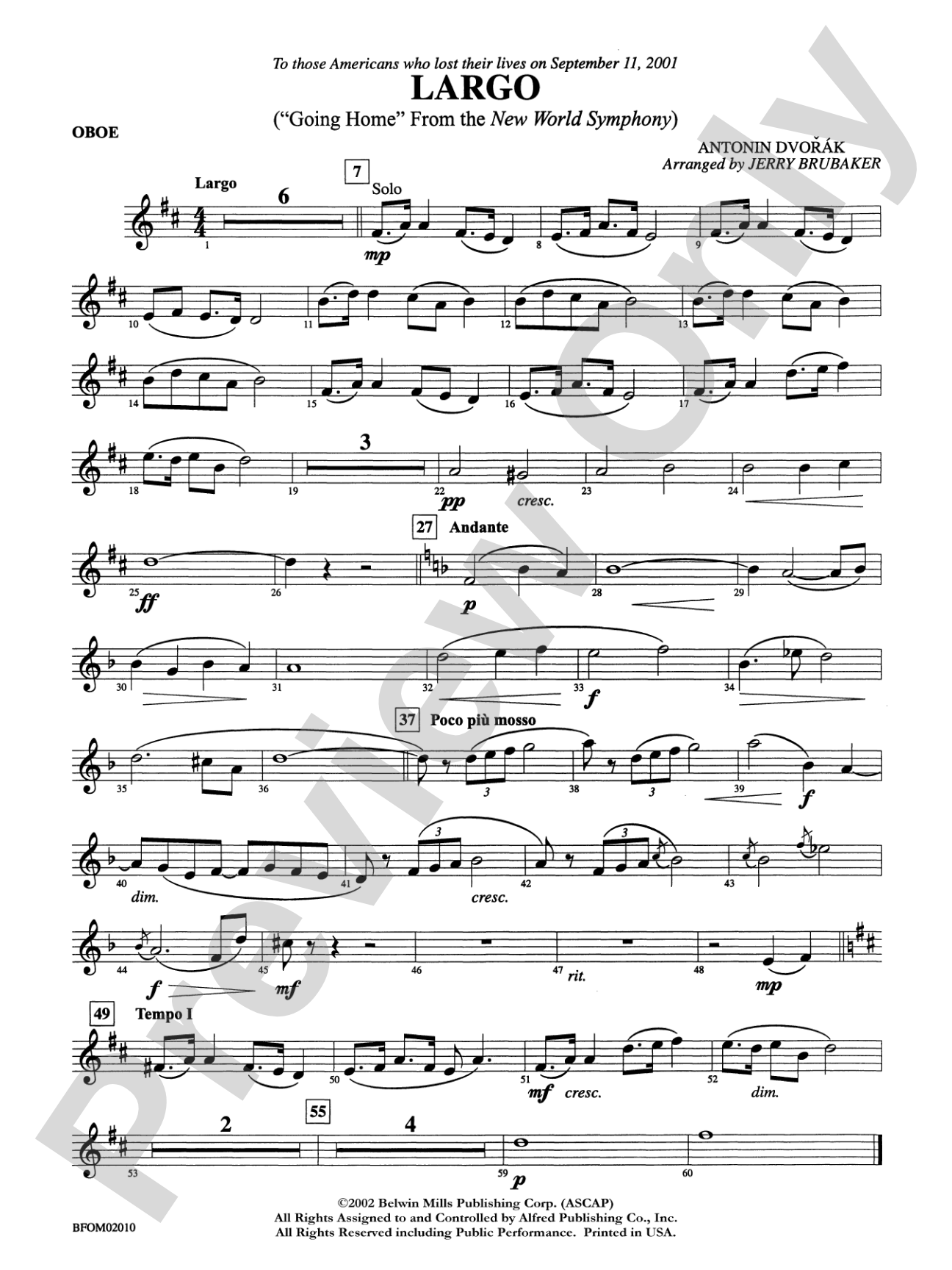 Largo ("Going Home" from the New World Symphony): Oboe