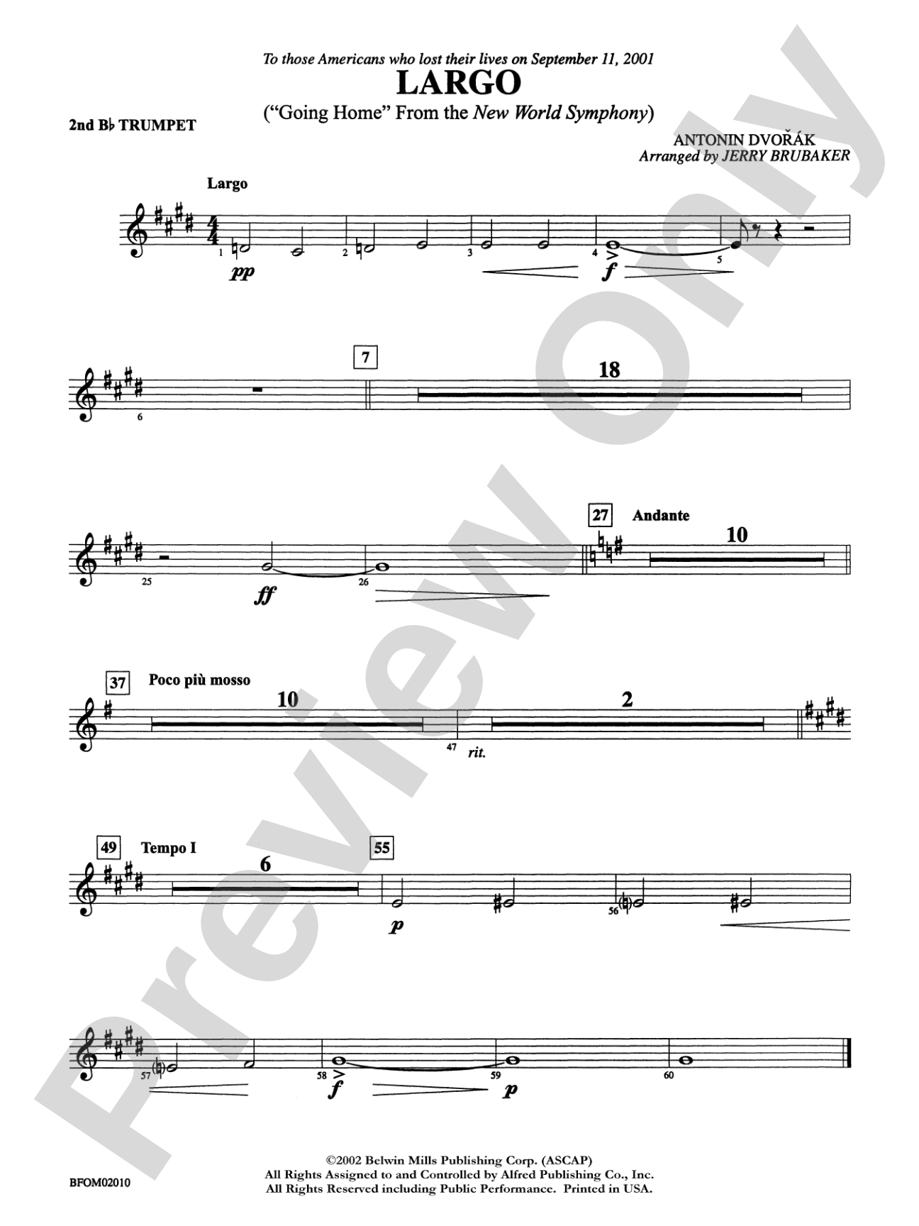 Largo ("Going Home" from the New World Symphony): 2nd B-flat Trumpet