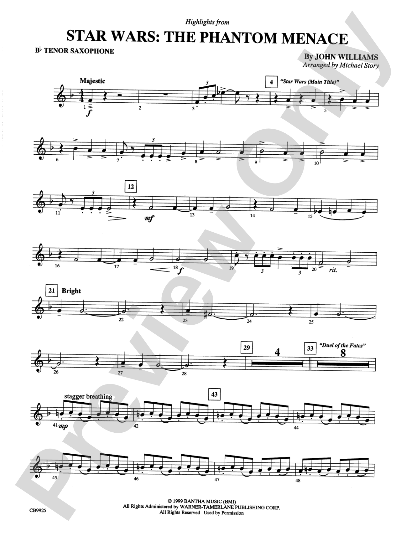 Star Wars®: Episode I The Phantom Menace, Highlights from: B-flat Tenor Saxophone
