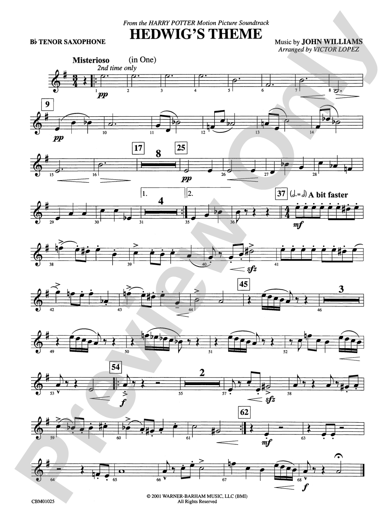 Hedwig's Theme (from Harry Potter): B-flat Tenor Saxophone