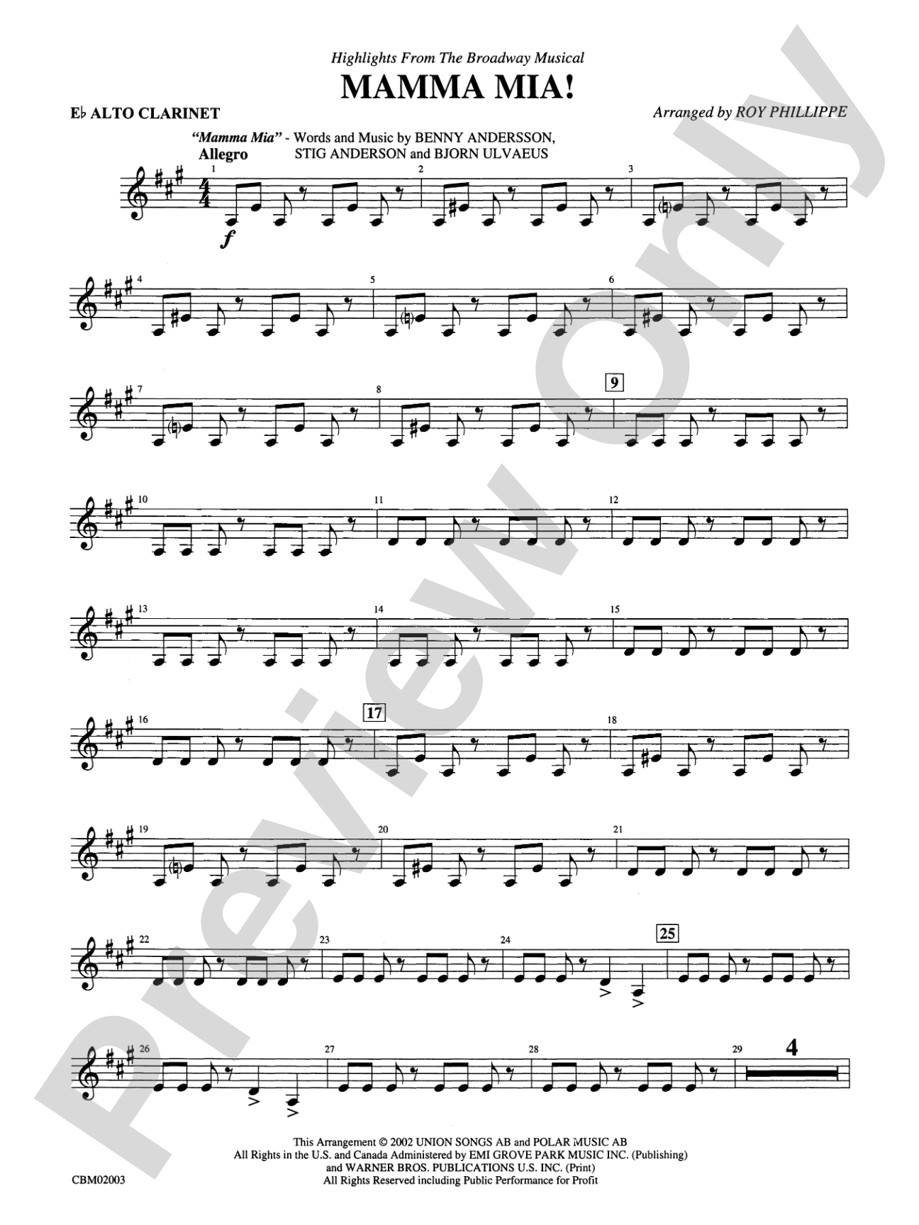 Mamma Mia! -- Highlights from the Broadway Musical: E-flat Alto Clarinet
