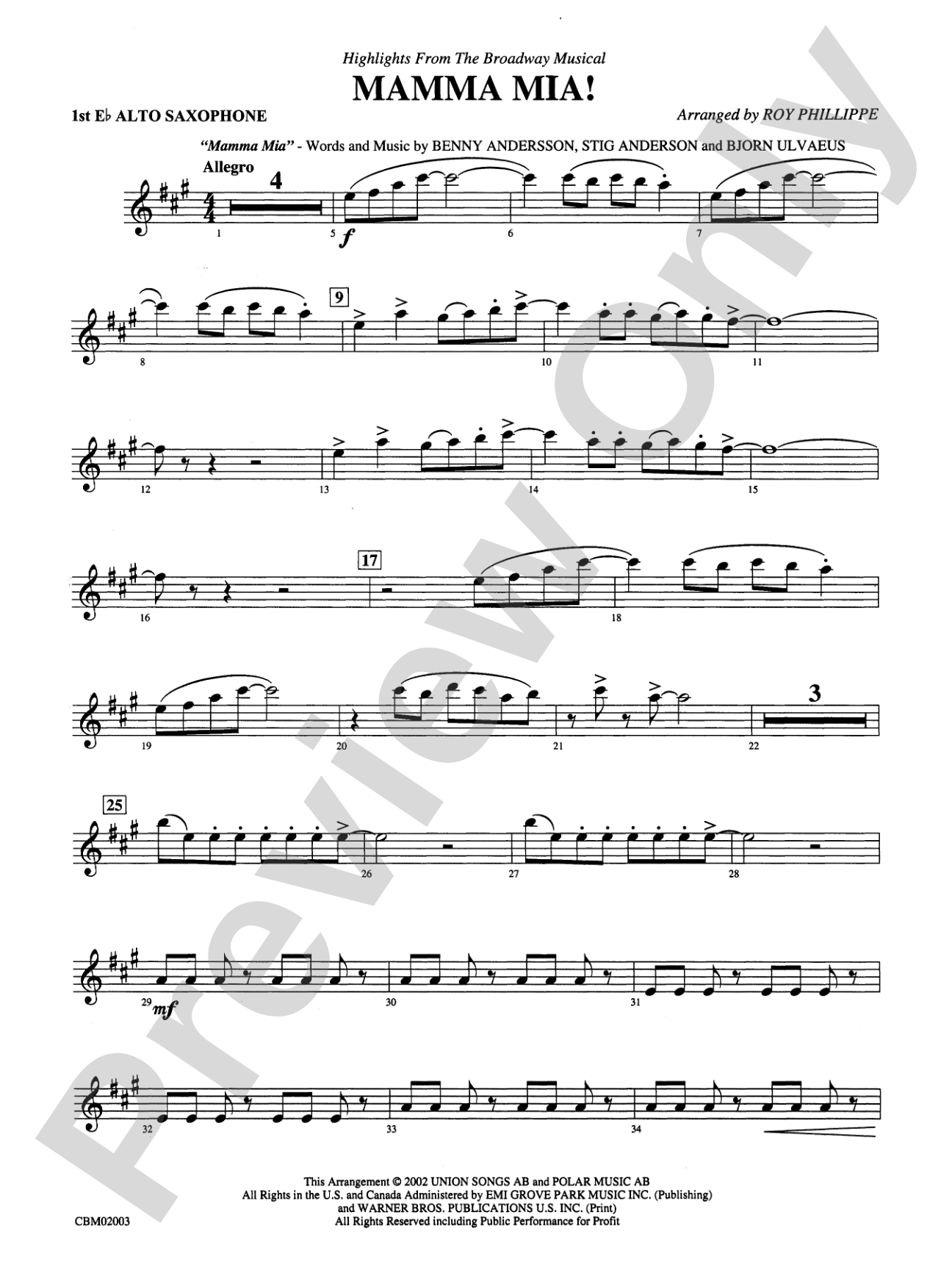 Mamma Mia! -- Highlights from the Broadway Musical: E-flat Alto Saxophone